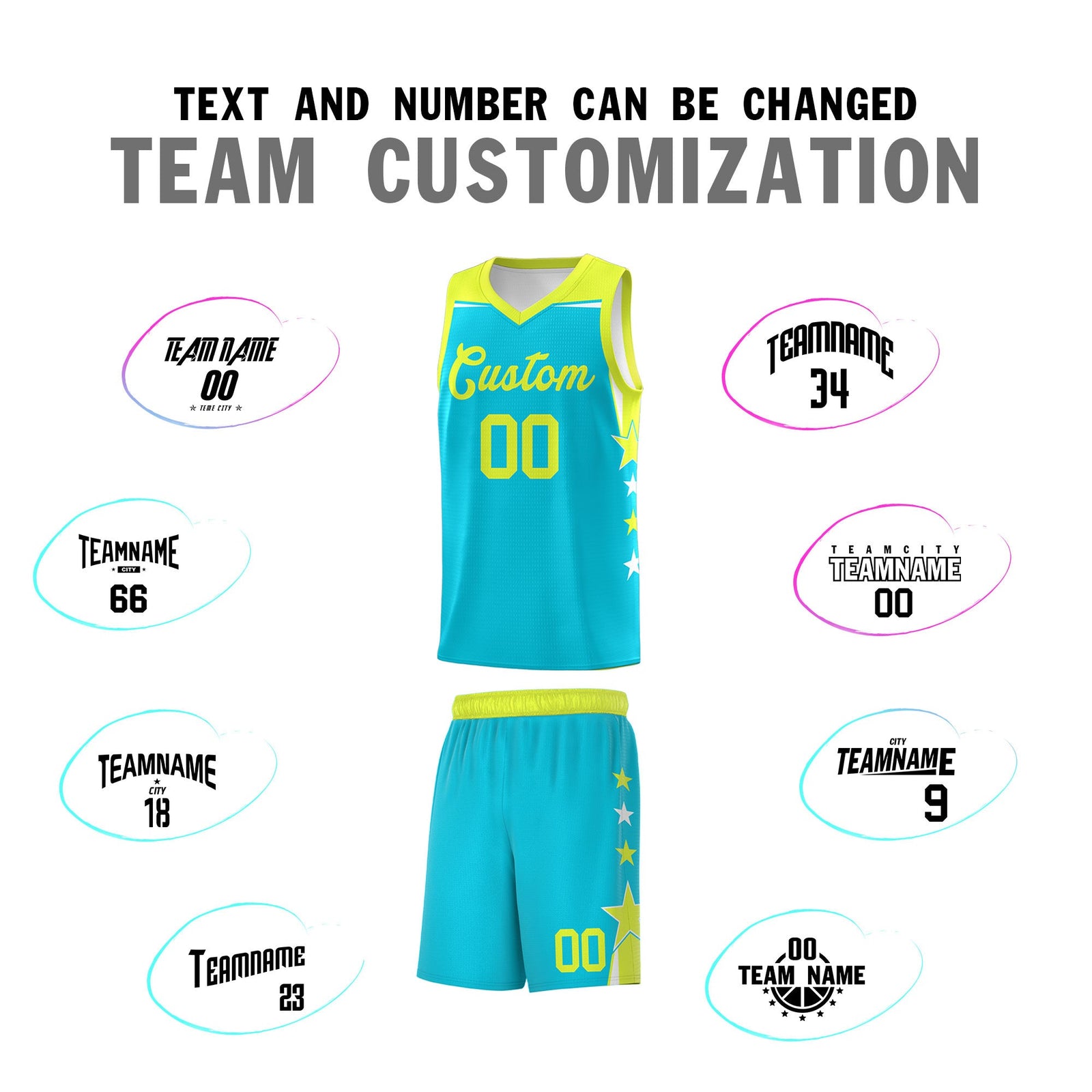 Custom Youth Basketball Uniform Sky Blue Fluorescent Green Two Tone Side Star Color Block Team Jersey