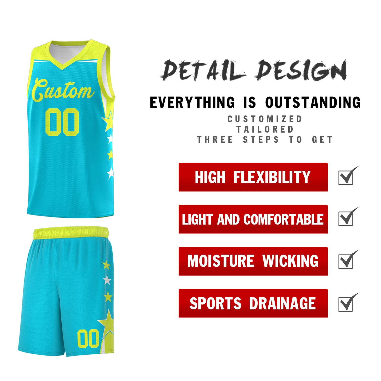 Custom Youth Basketball Uniform Sky Blue Fluorescent Green Two Tone Side Star Color Block Team Jersey
