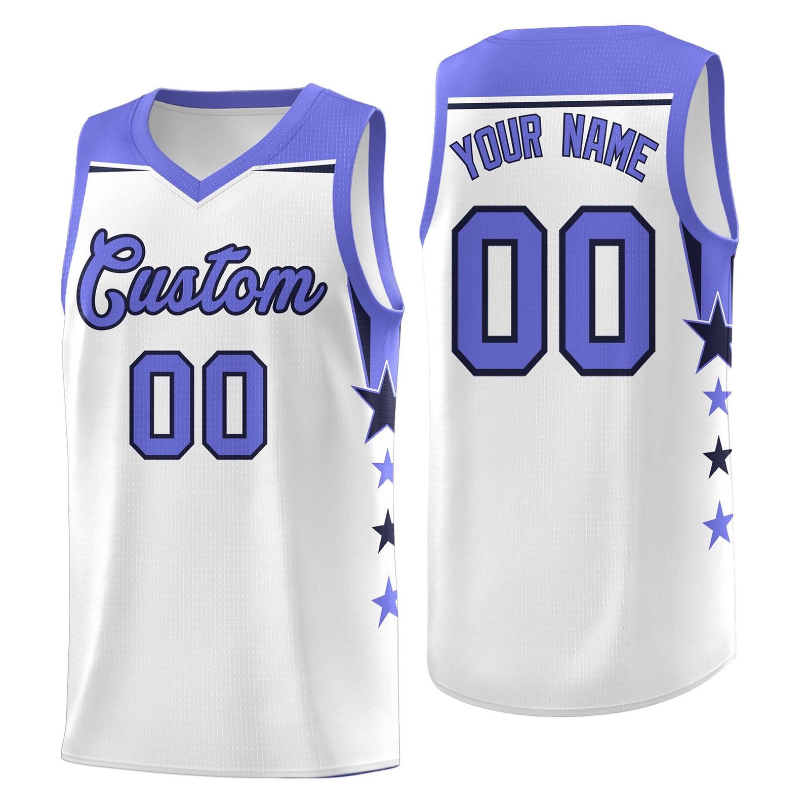 Custom Youth Basketball Uniform White Purple Two Tone Side Star Add Name Number & Logo