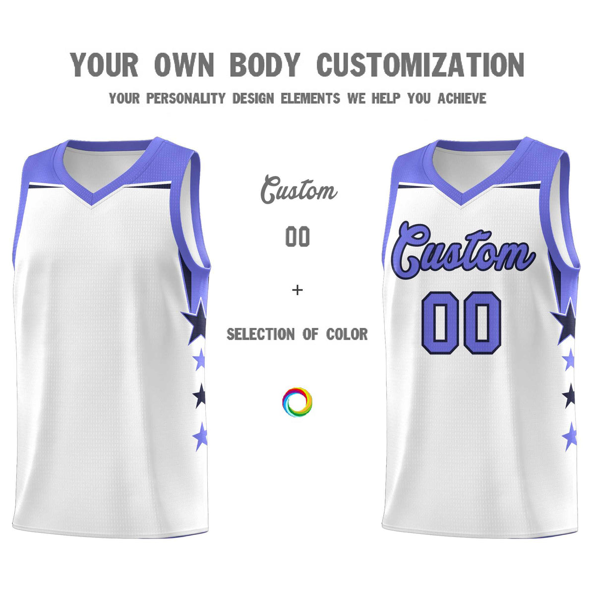 Custom Youth Basketball Uniform White Purple Two Tone Side Star Add Name Number &amp; Logo