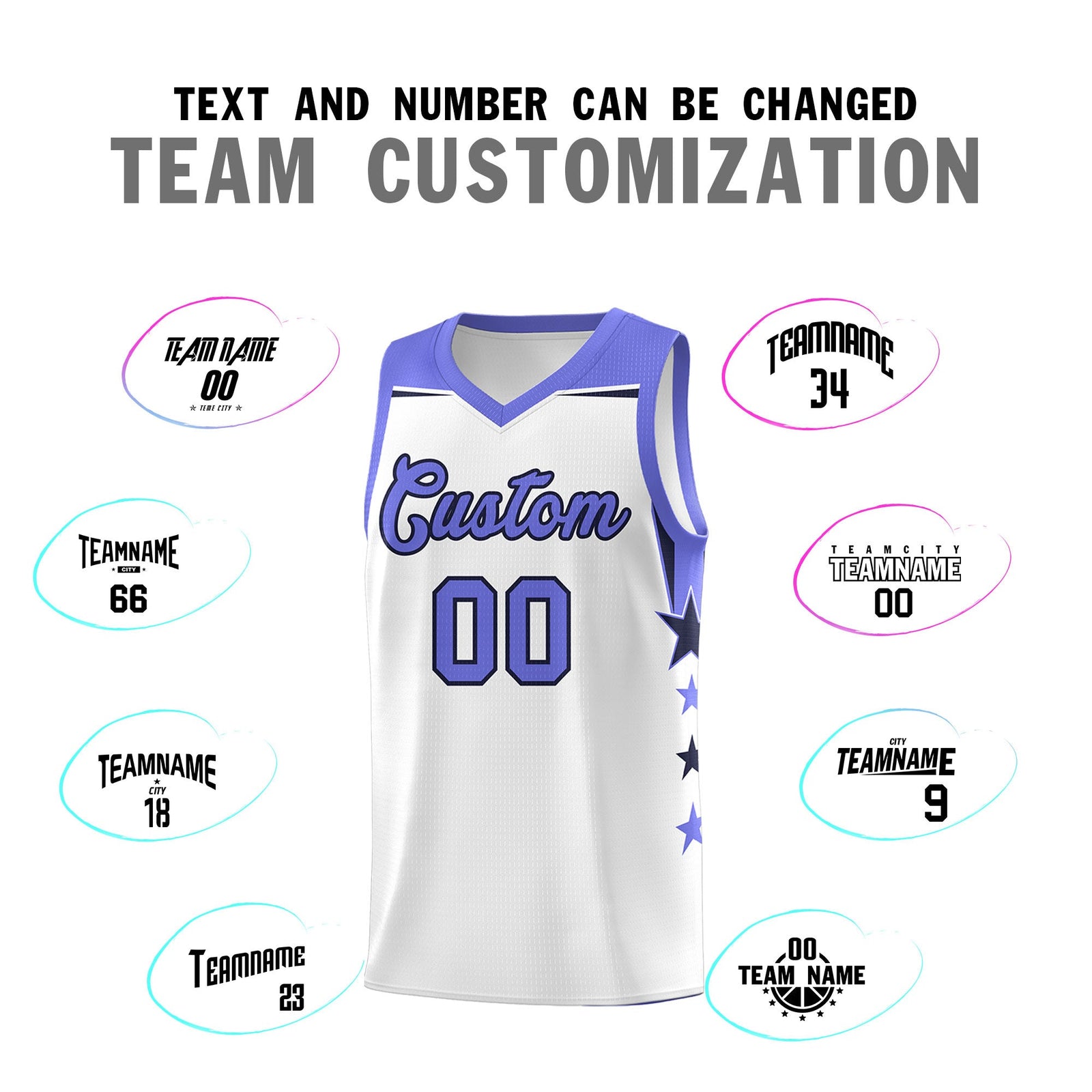 Custom Youth Basketball Uniform White Purple Two Tone Side Star Add Name Number & Logo