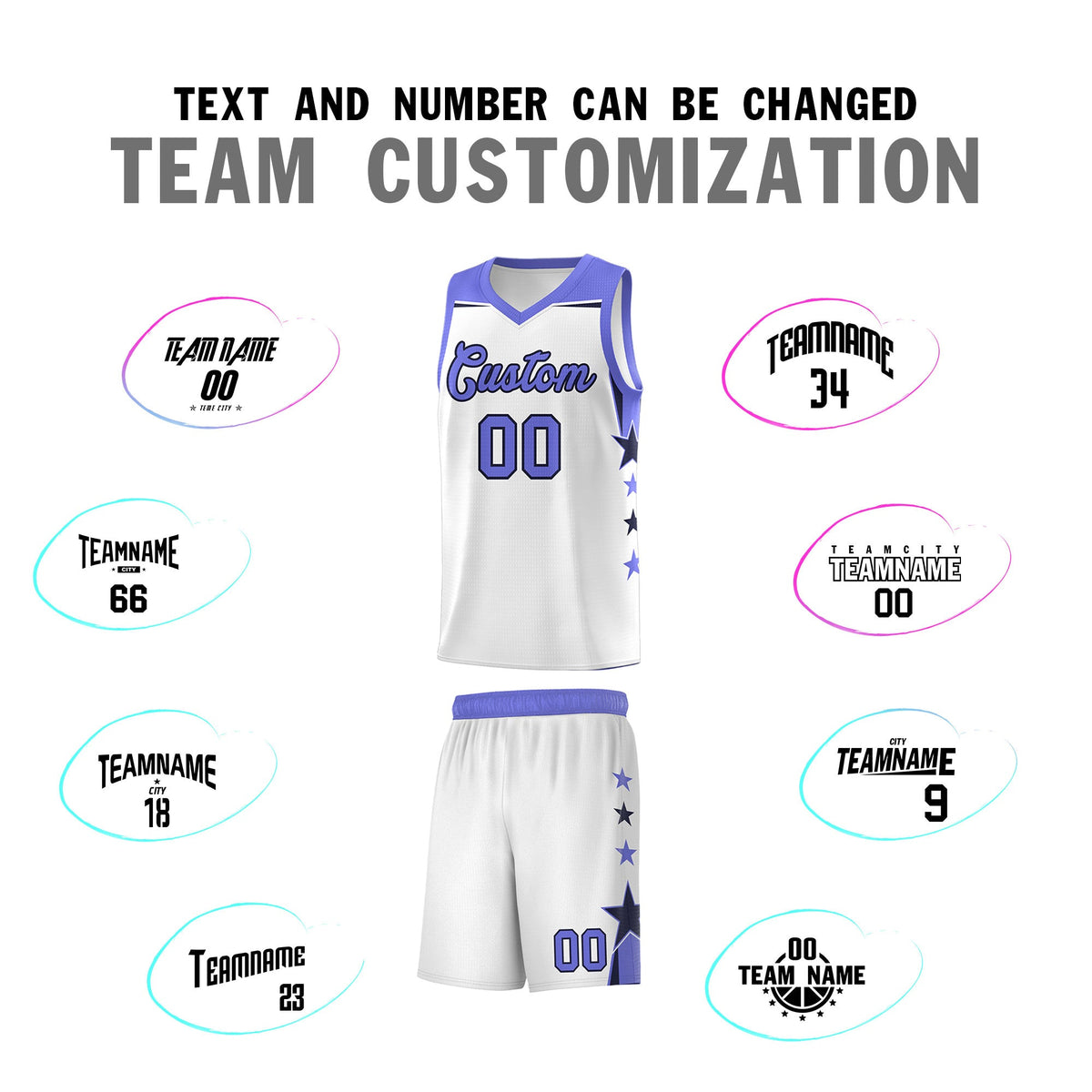Custom Youth Basketball Uniform White Purple Two Tone Side Star Add Name Number &amp; Logo