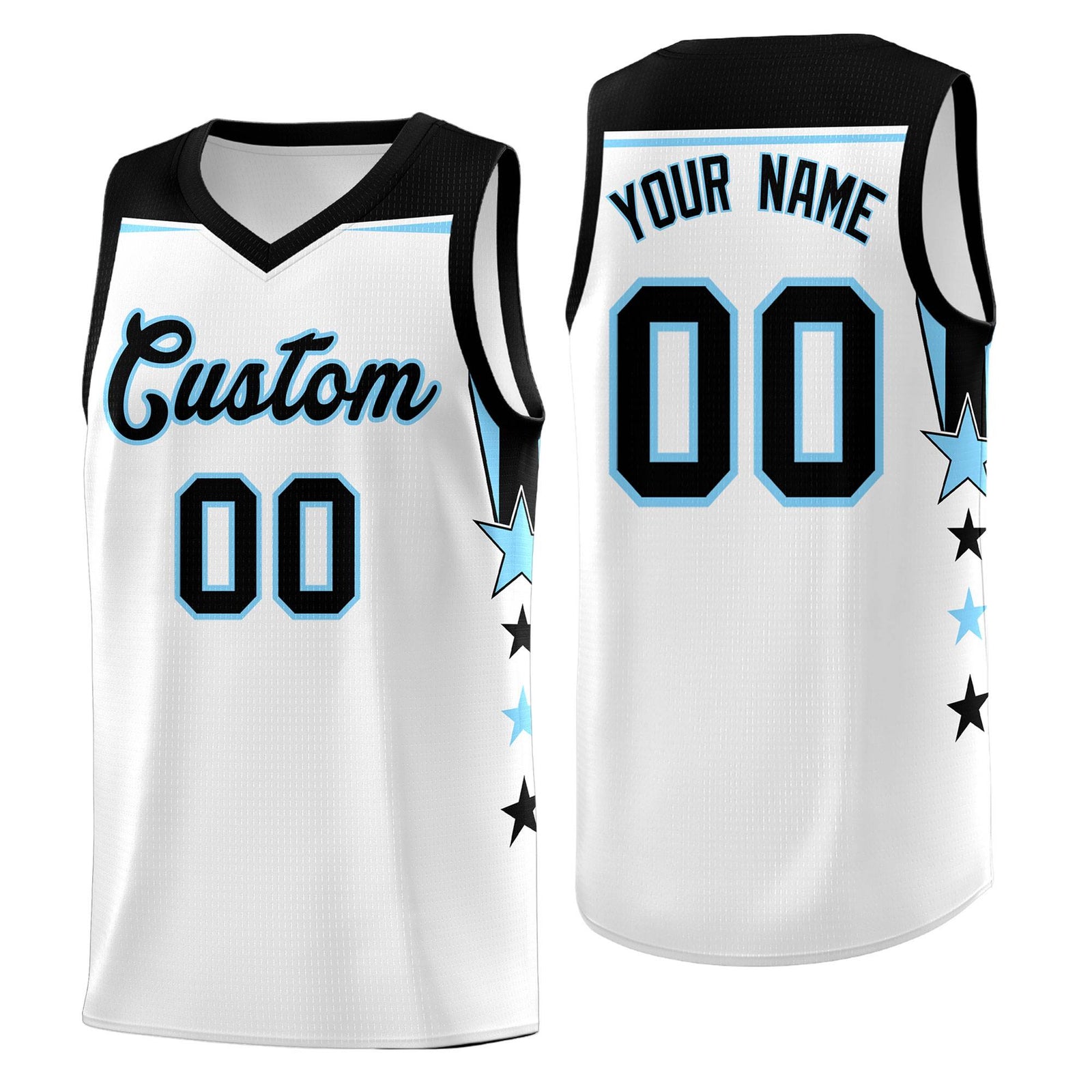 Custom Youth Basketball Uniform White Light Blue Two Tone Side Star Add Name Number & Logo