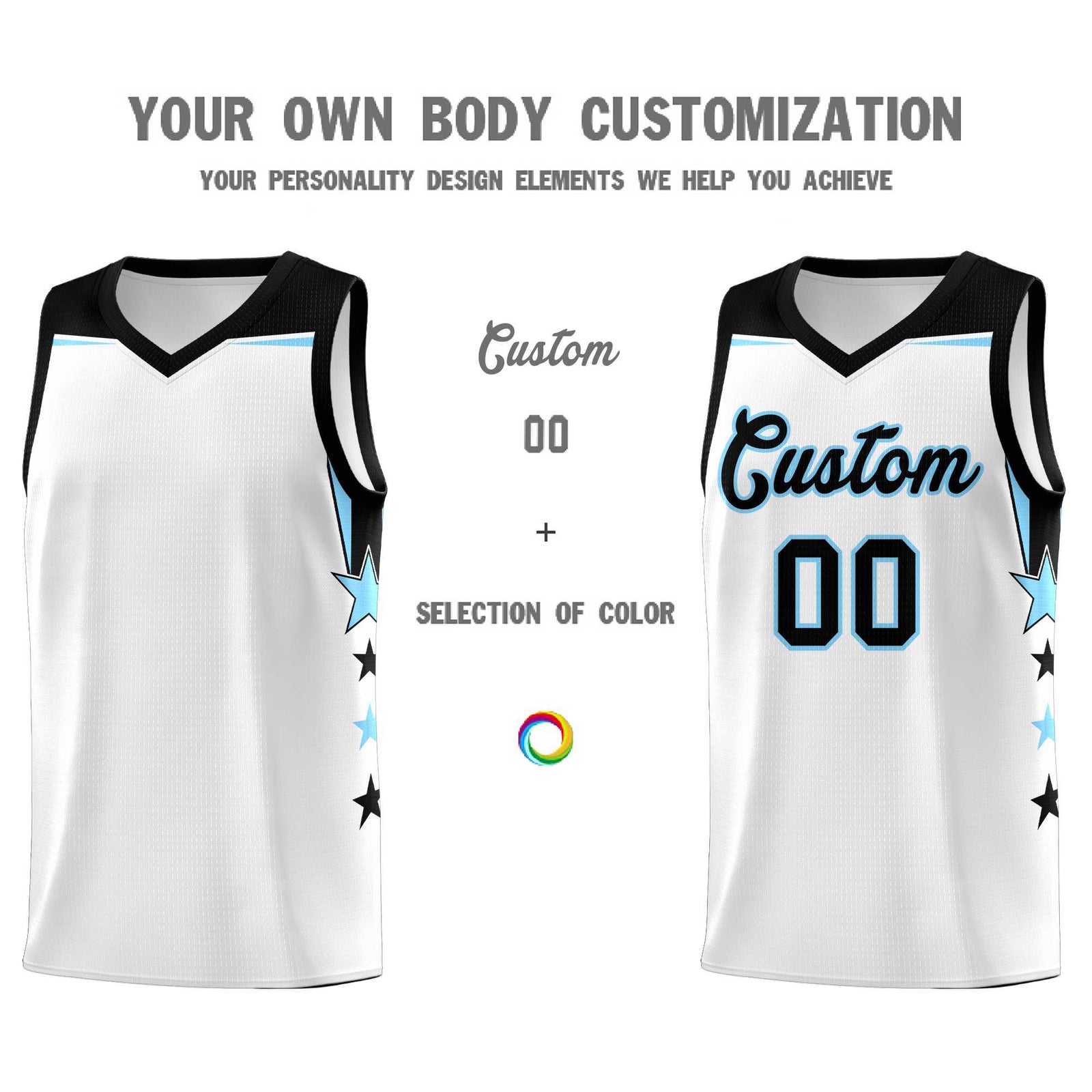 Custom Youth Basketball Uniform White Light Blue Two Tone Side Star Add Name Number & Logo
