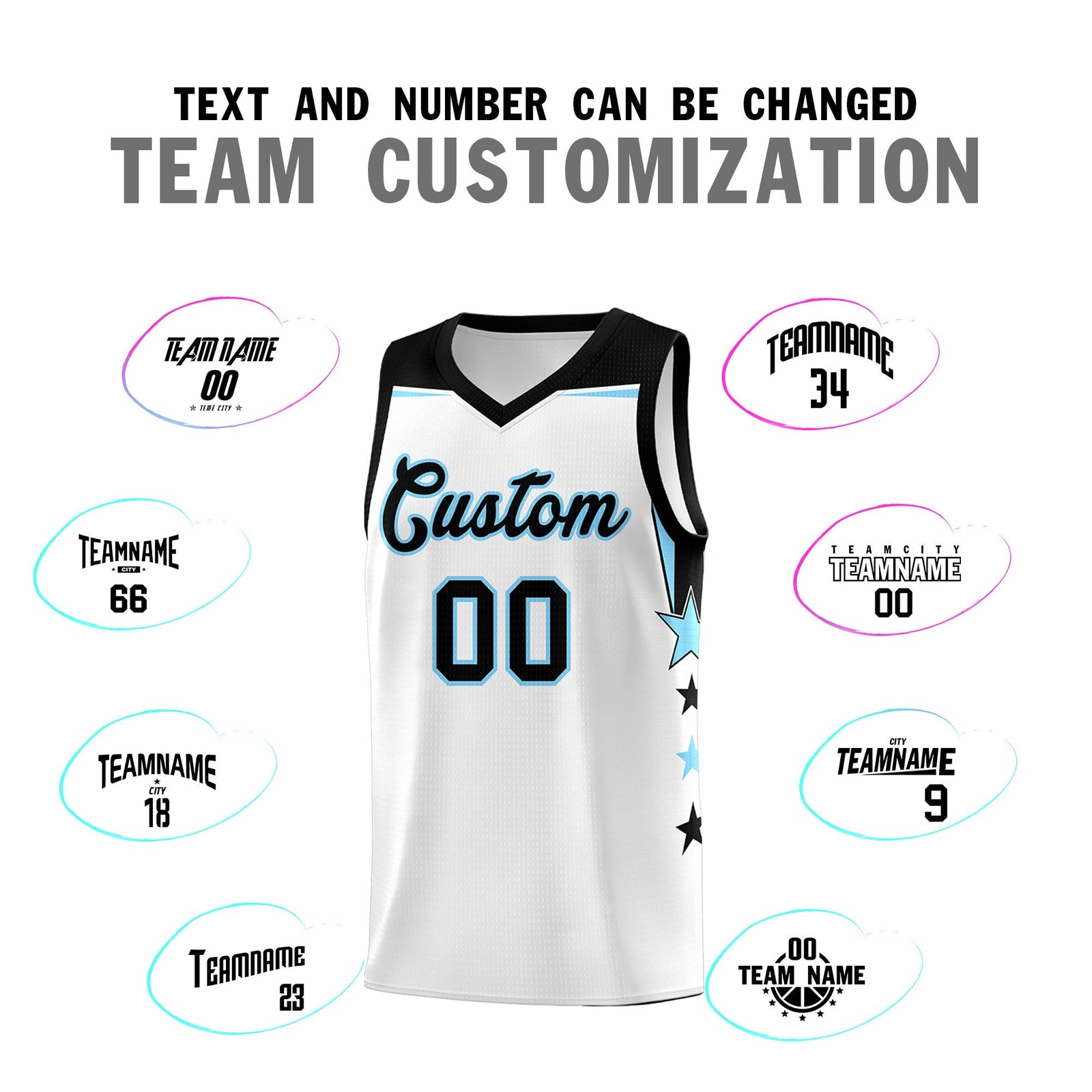 Custom Youth Basketball Uniform White Light Blue Two Tone Side Star Add Name Number & Logo