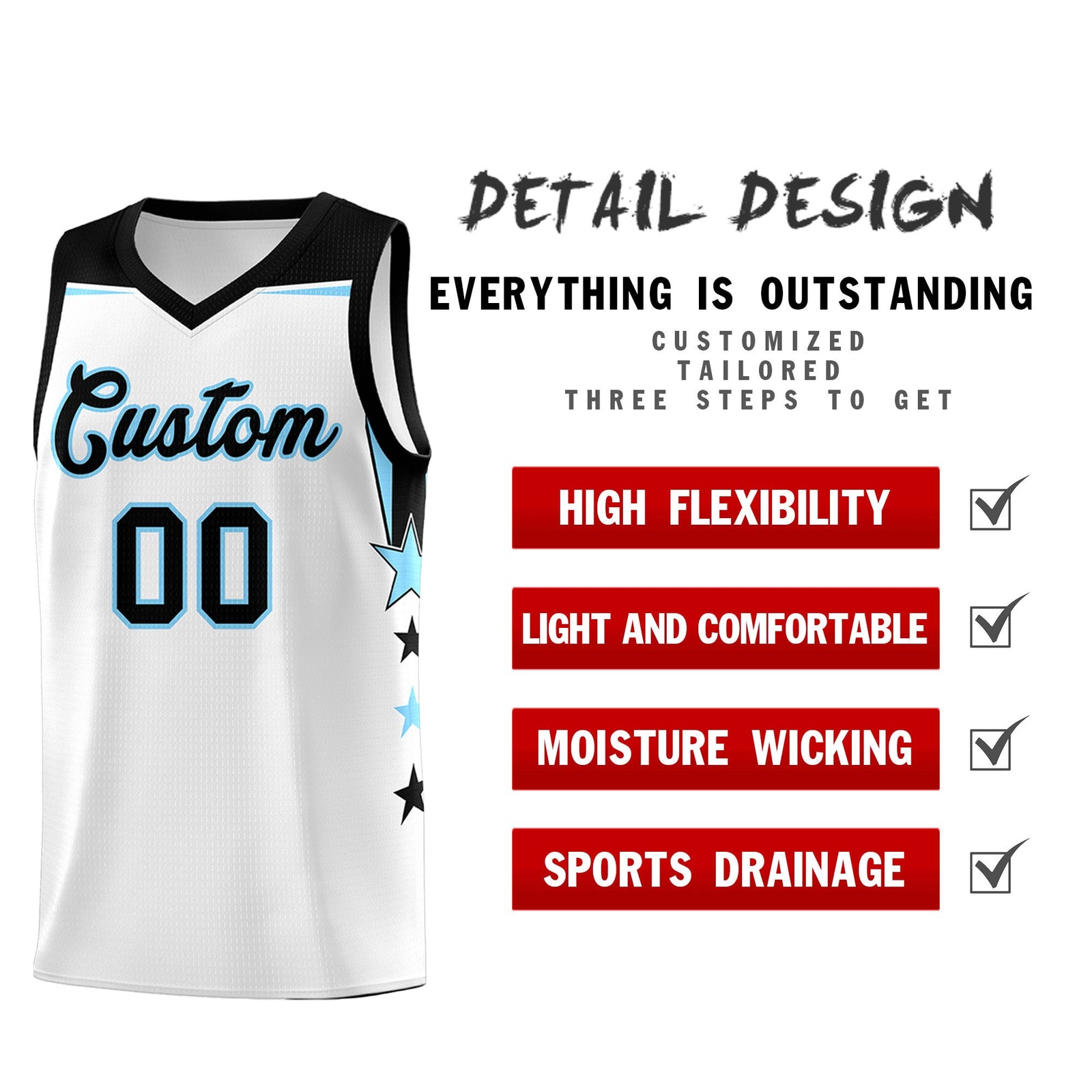Custom Youth Basketball Uniform White Light Blue Two Tone Side Star Add Name Number & Logo