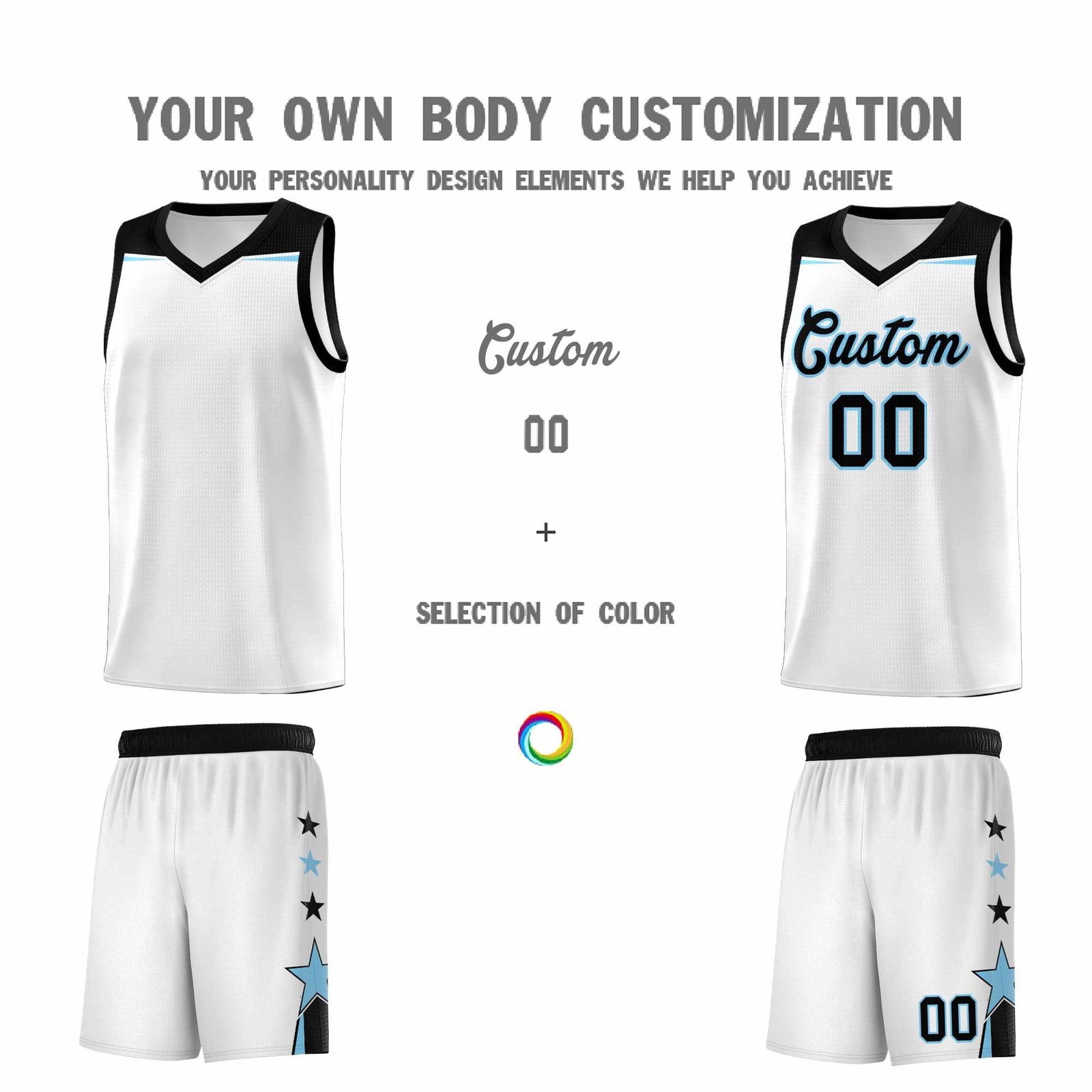 Custom Youth Basketball Uniform White Light Blue Two Tone Side Star Add Name Number & Logo