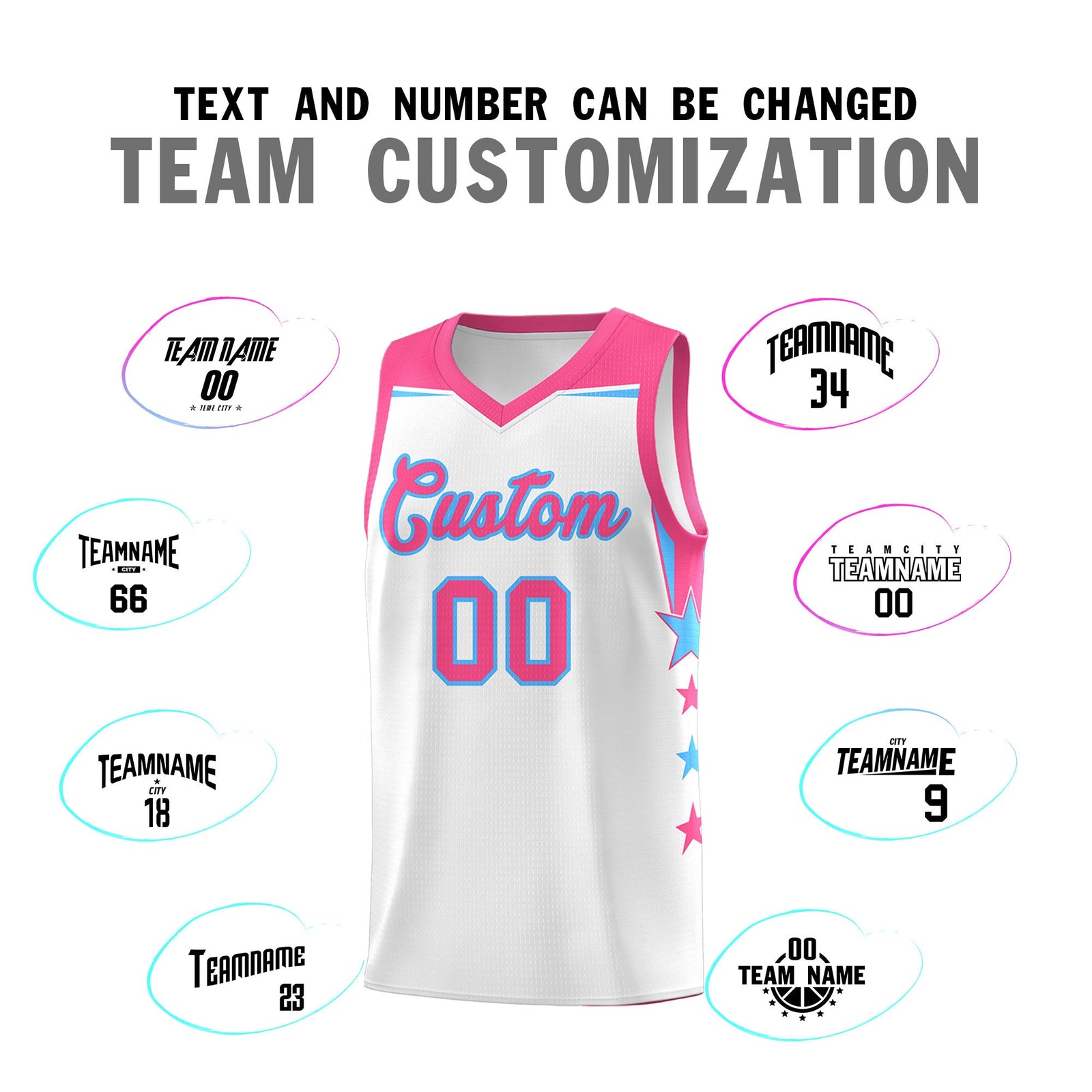 Custom Youth Basketball Uniform White Pink Two Tone Side Star Add Name Number & Logo