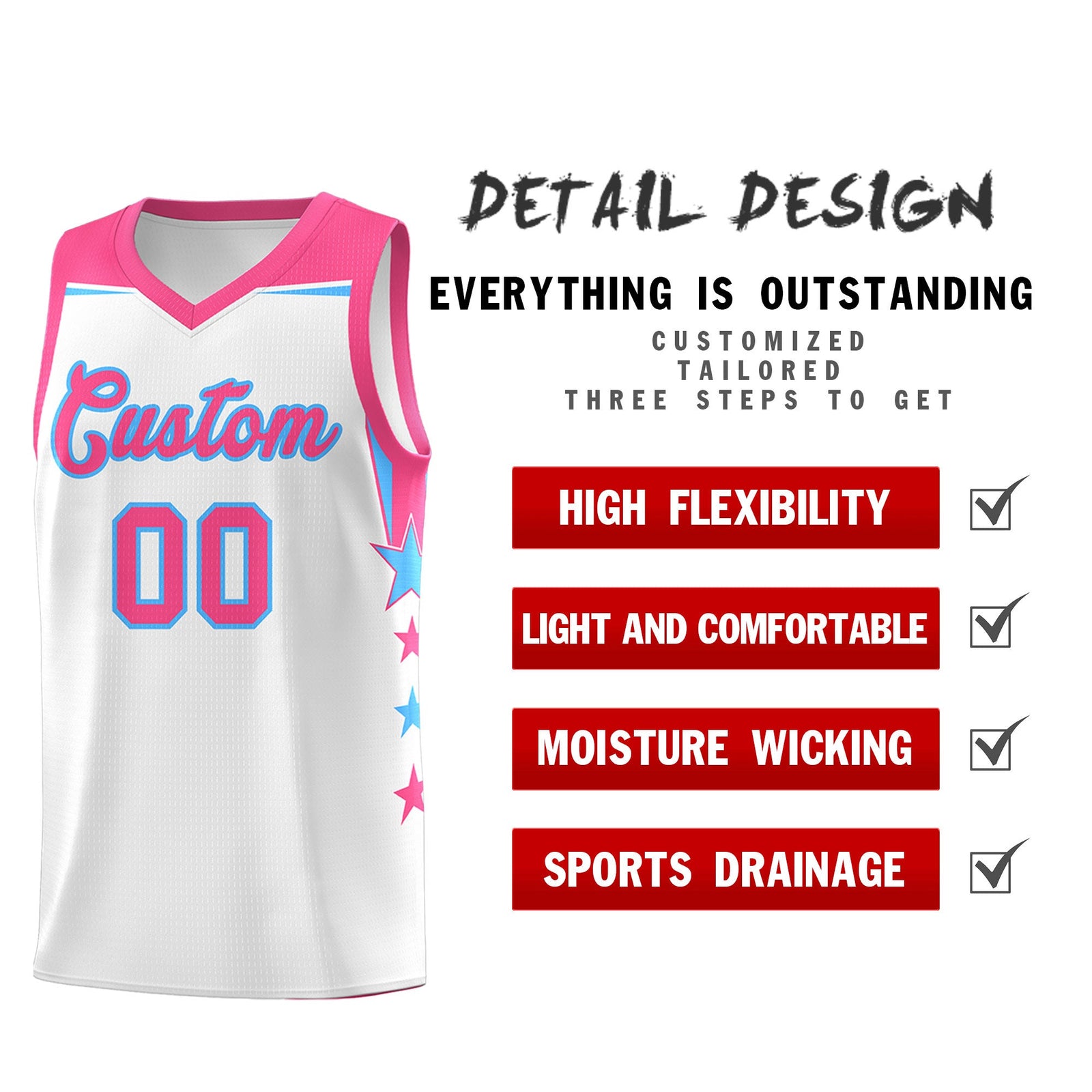 Custom Youth Basketball Uniform White Pink Two Tone Side Star Add Name Number & Logo