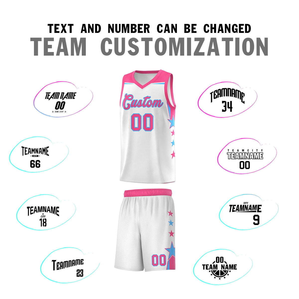Custom Youth Basketball Uniform White Pink Two Tone Side Star Add Name Number &amp; Logo