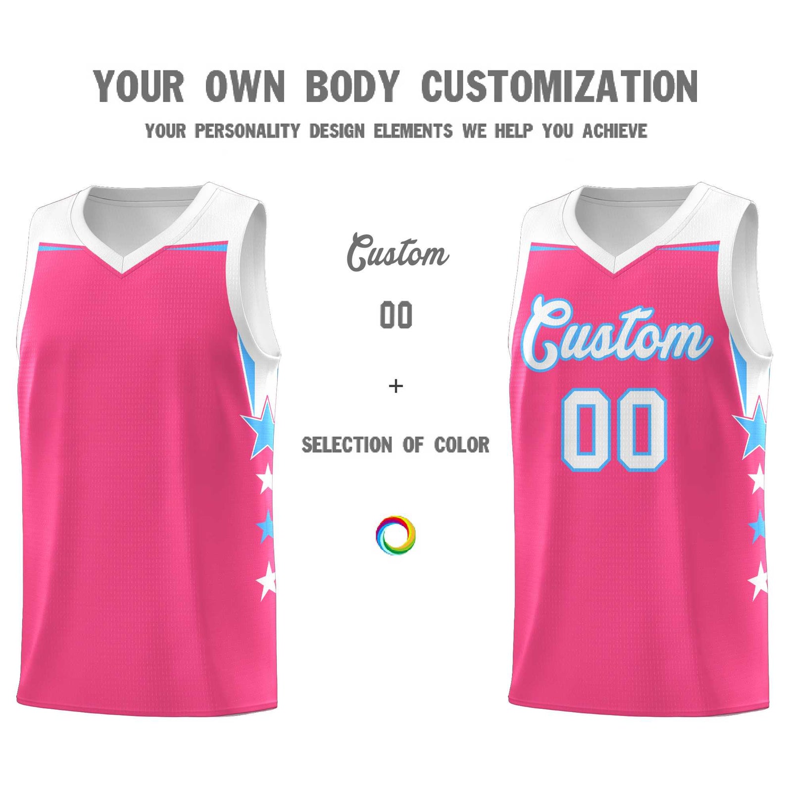 Custom Youth Basketball Uniform Pink White Two Tone Side Star Personalized Team Jersey
