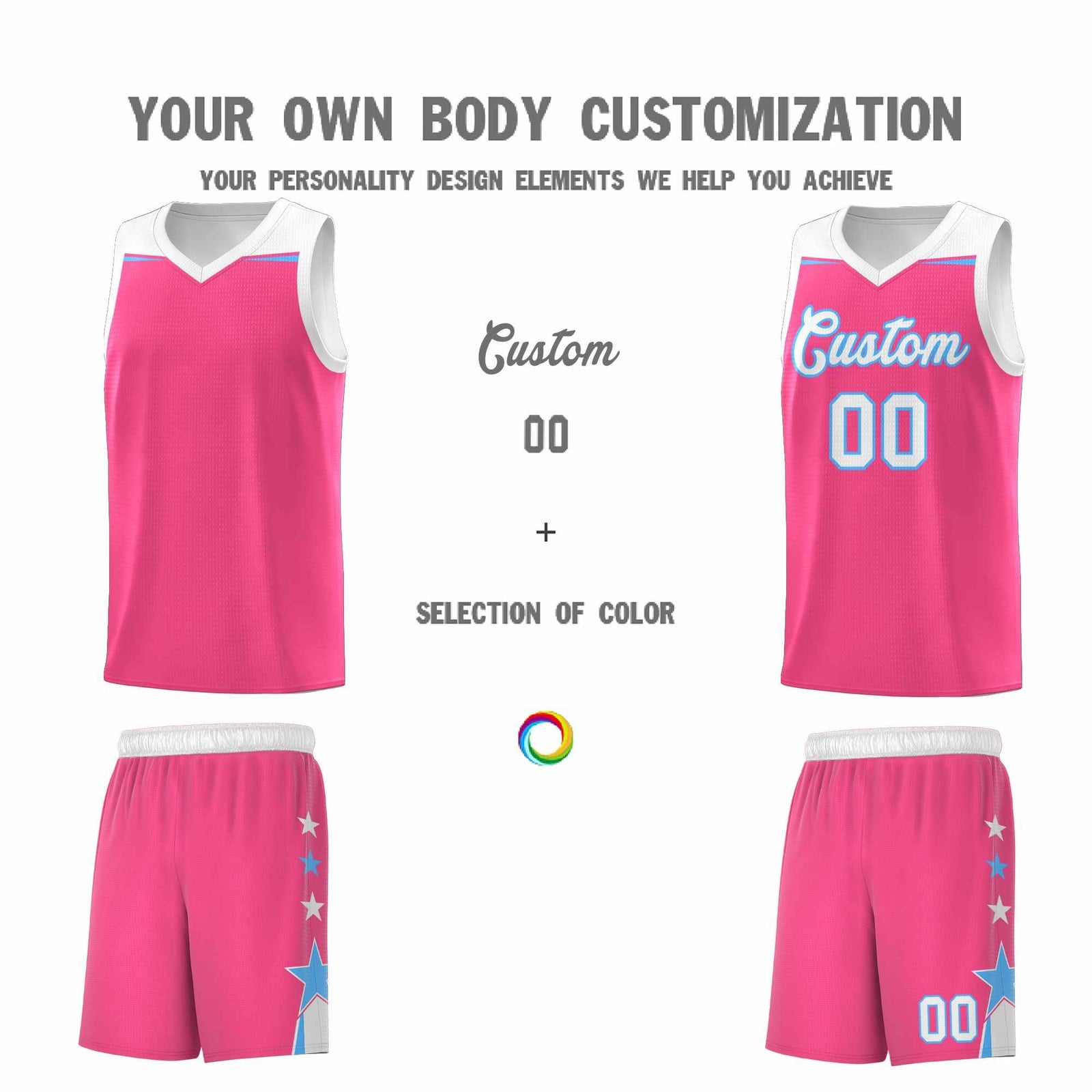 Custom Youth Basketball Uniform Pink White Two Tone Side Star Personalized Team Jersey