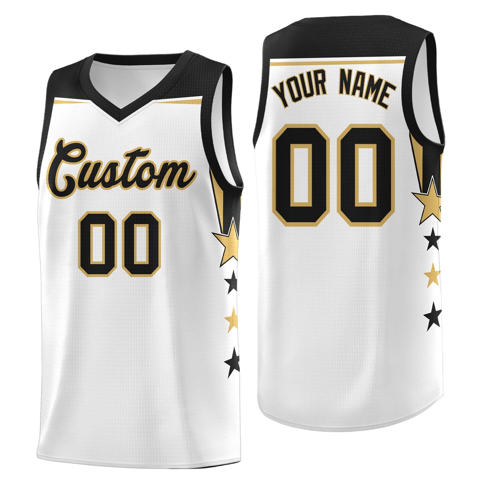 Custom Youth Basketball Uniform White Black Two Tone Side Star Add Name Number & Logo