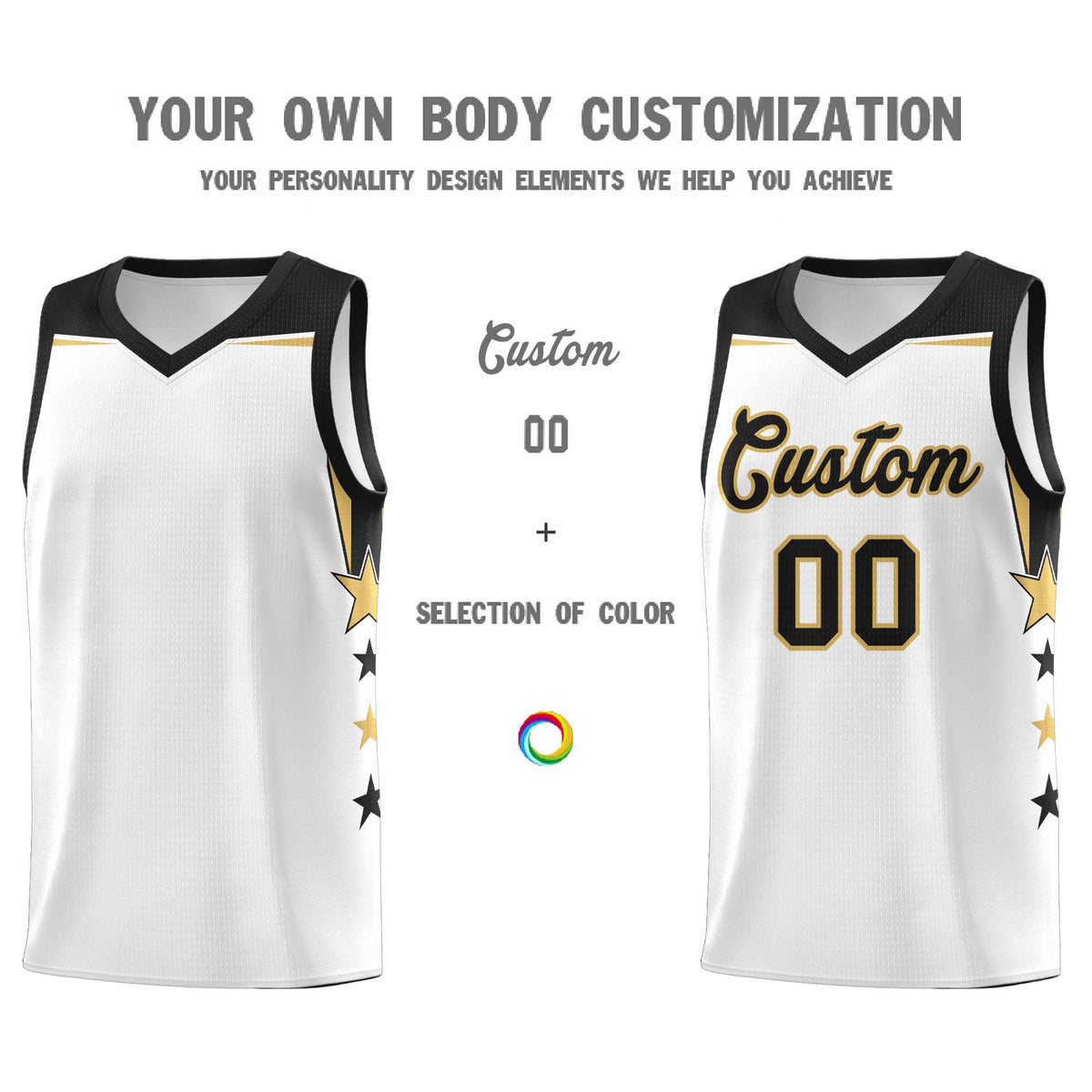 Custom Youth Basketball Uniform White Black Two Tone Side Star Add Name Number &amp; Logo