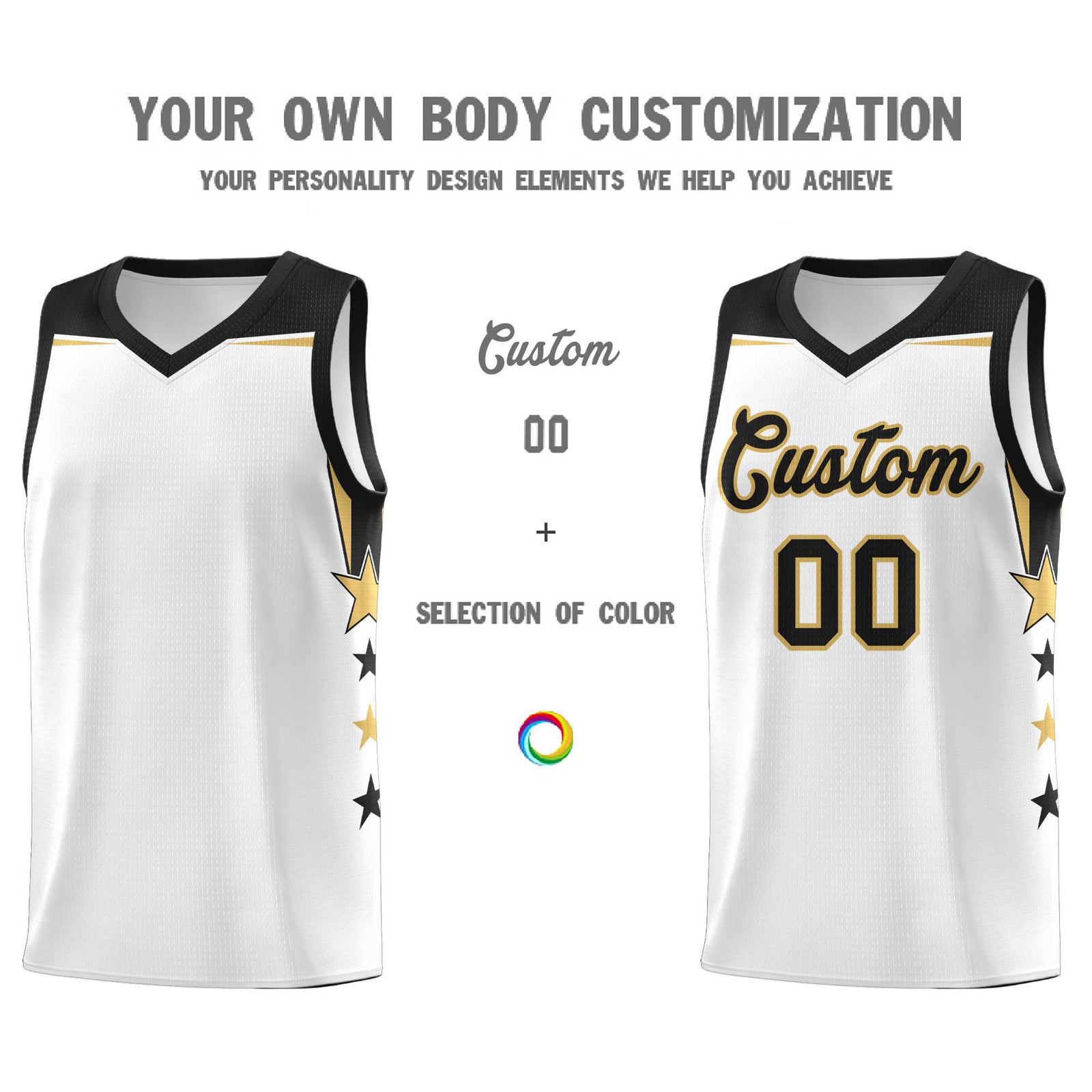 Custom Youth Basketball Uniform White Black Two Tone Side Star Add Name Number & Logo