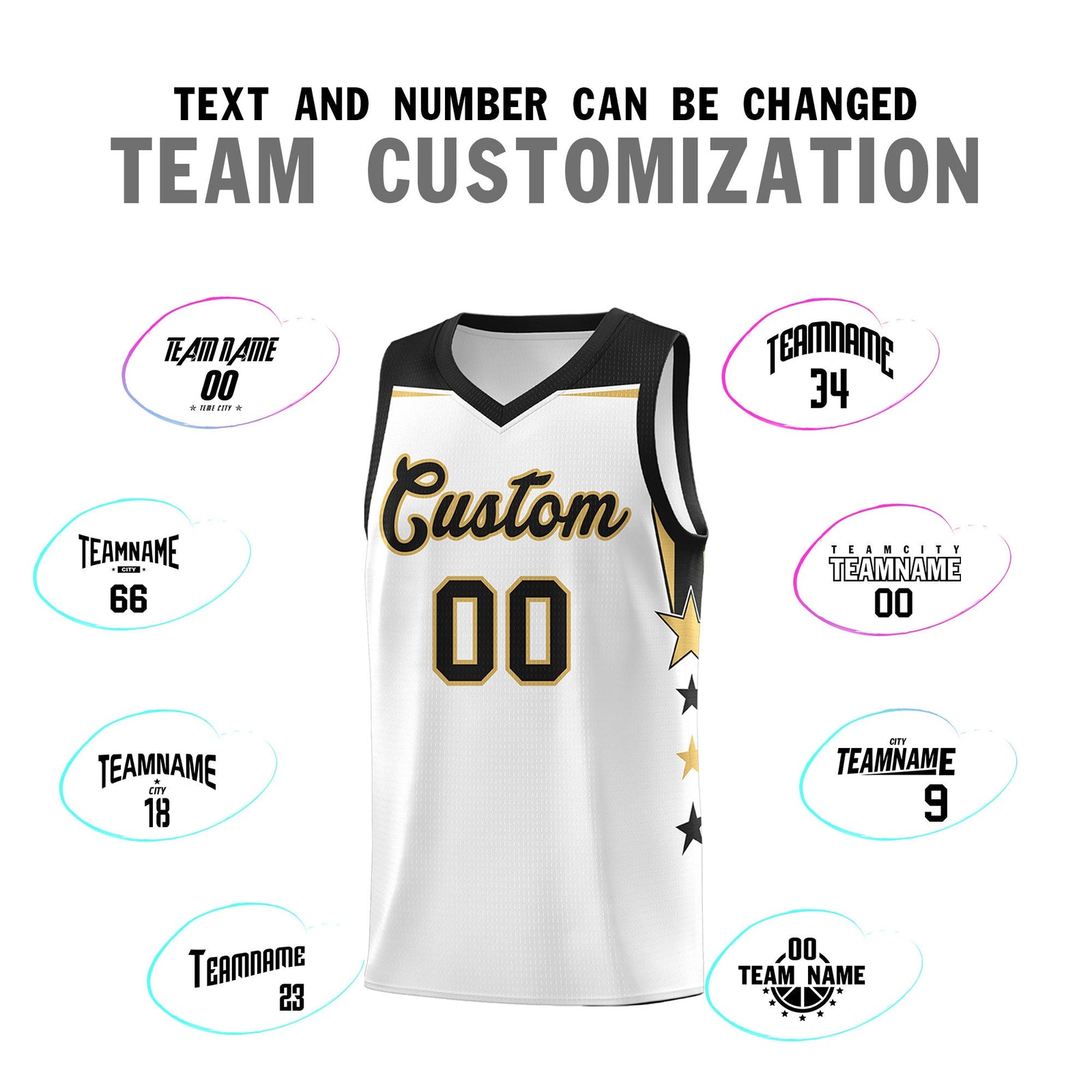 Custom Youth Basketball Uniform White Black Two Tone Side Star Add Name Number & Logo