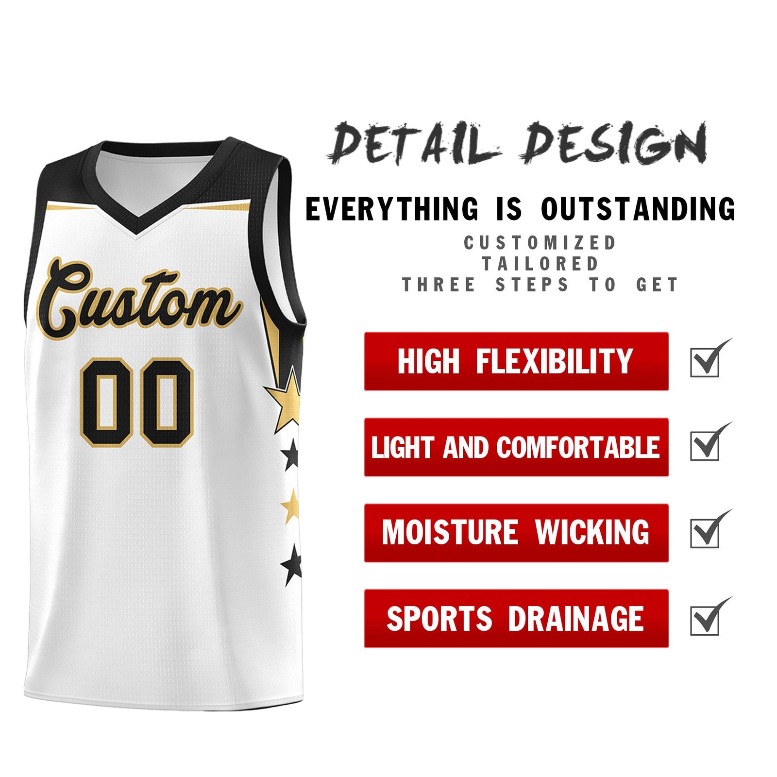Custom Youth Basketball Uniform White Black Two Tone Side Star Add Name Number & Logo