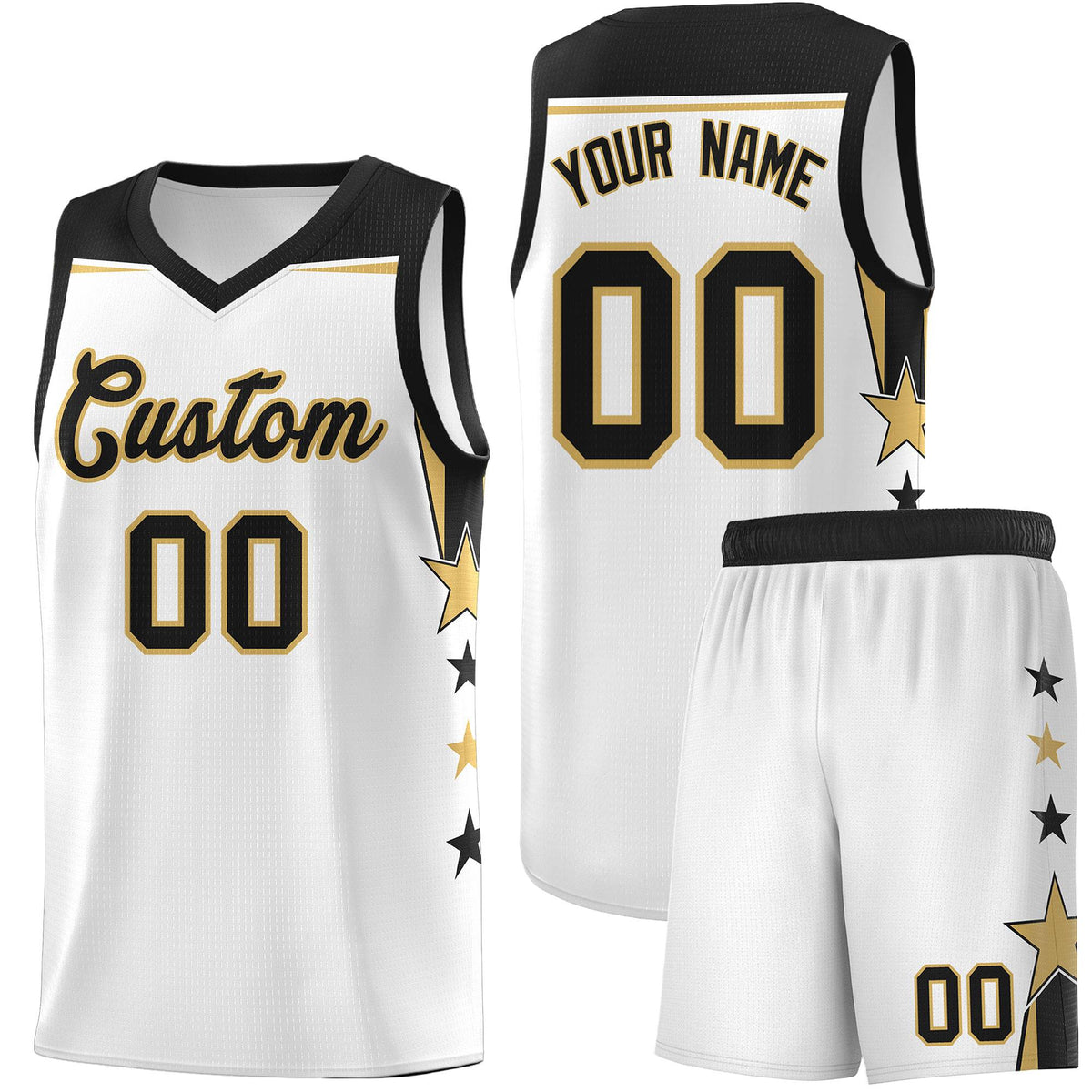 Custom Youth Basketball Uniform White Black Two Tone Side Star Add Name Number &amp; Logo