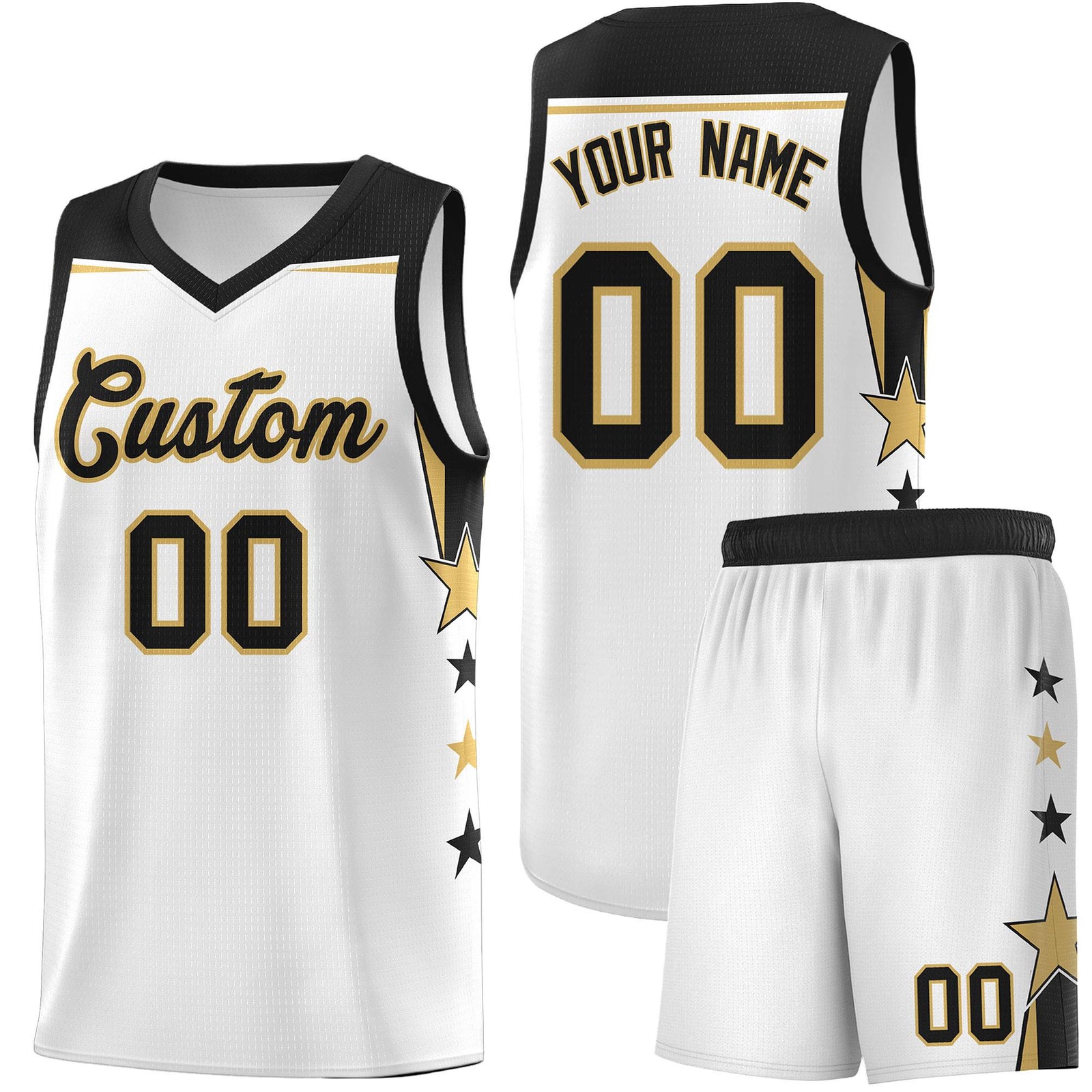 Custom Youth Basketball Uniform White Black Two Tone Side Star Add Name Number & Logo