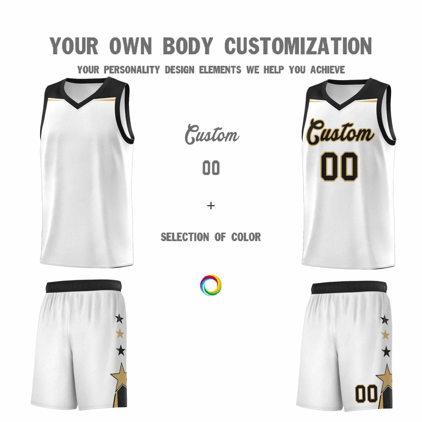 Custom Youth Basketball Uniform White Black Two Tone Side Star Add Name Number & Logo