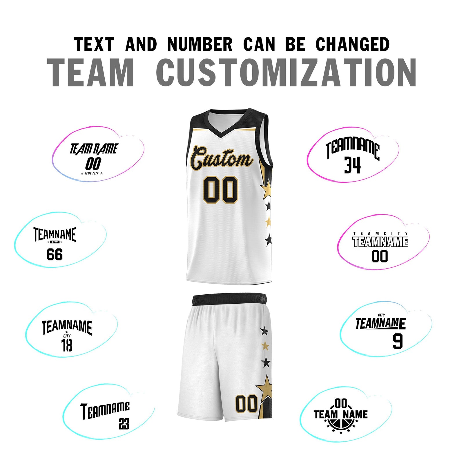 Custom Youth Basketball Uniform White Black Two Tone Side Star Add Name Number & Logo