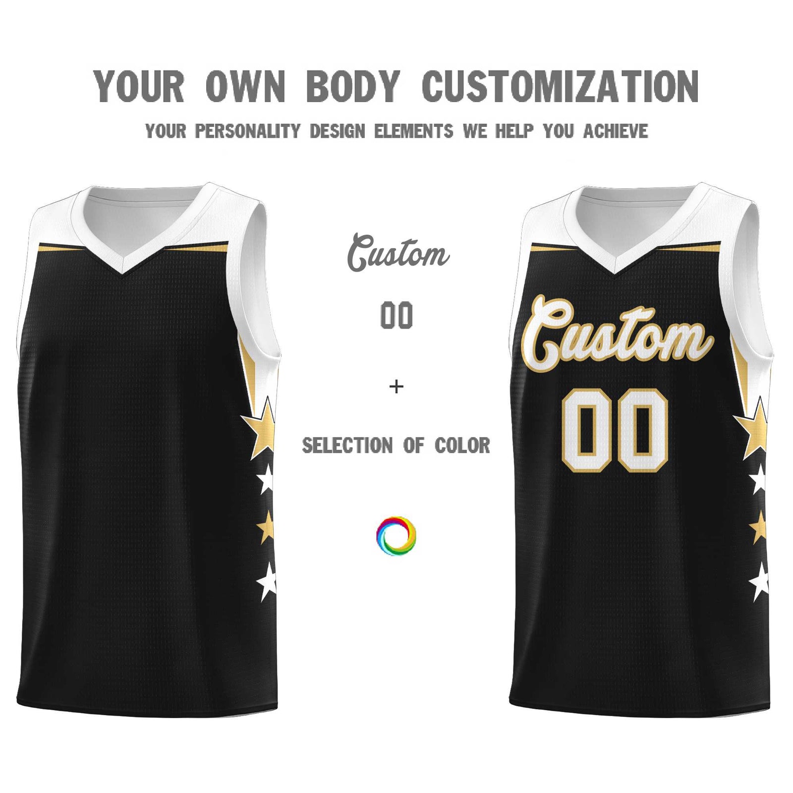 Custom Youth Basketball Uniform Black White Two Tone Side Star Personalized Team Jersey