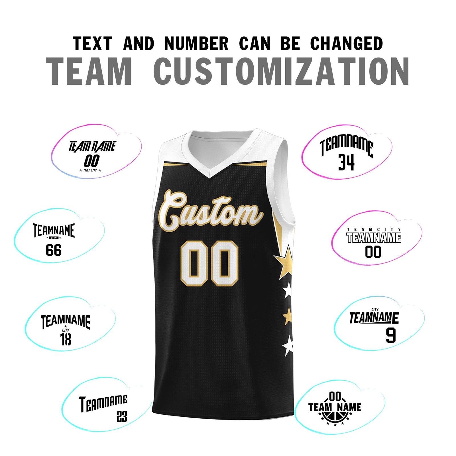 Custom Youth Basketball Uniform Black White Two Tone Side Star Personalized Team Jersey