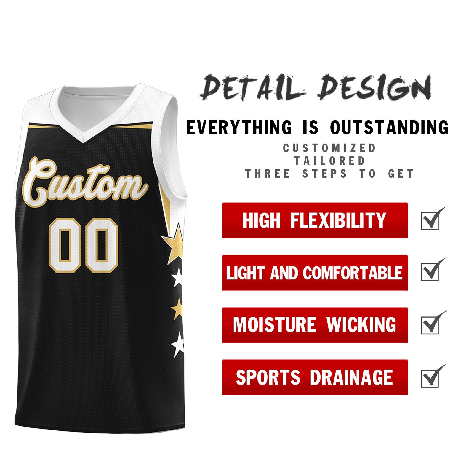 Custom Youth Basketball Uniform Black White Two Tone Side Star Personalized Team Jersey