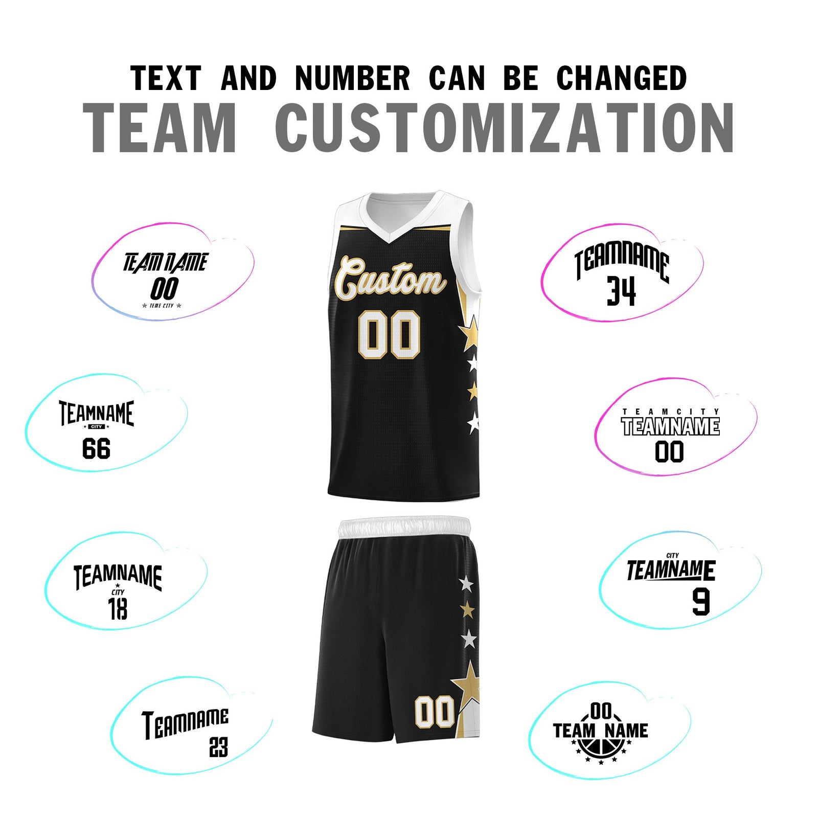 Custom Youth Basketball Uniform Black White Two Tone Side Star Personalized Team Jersey