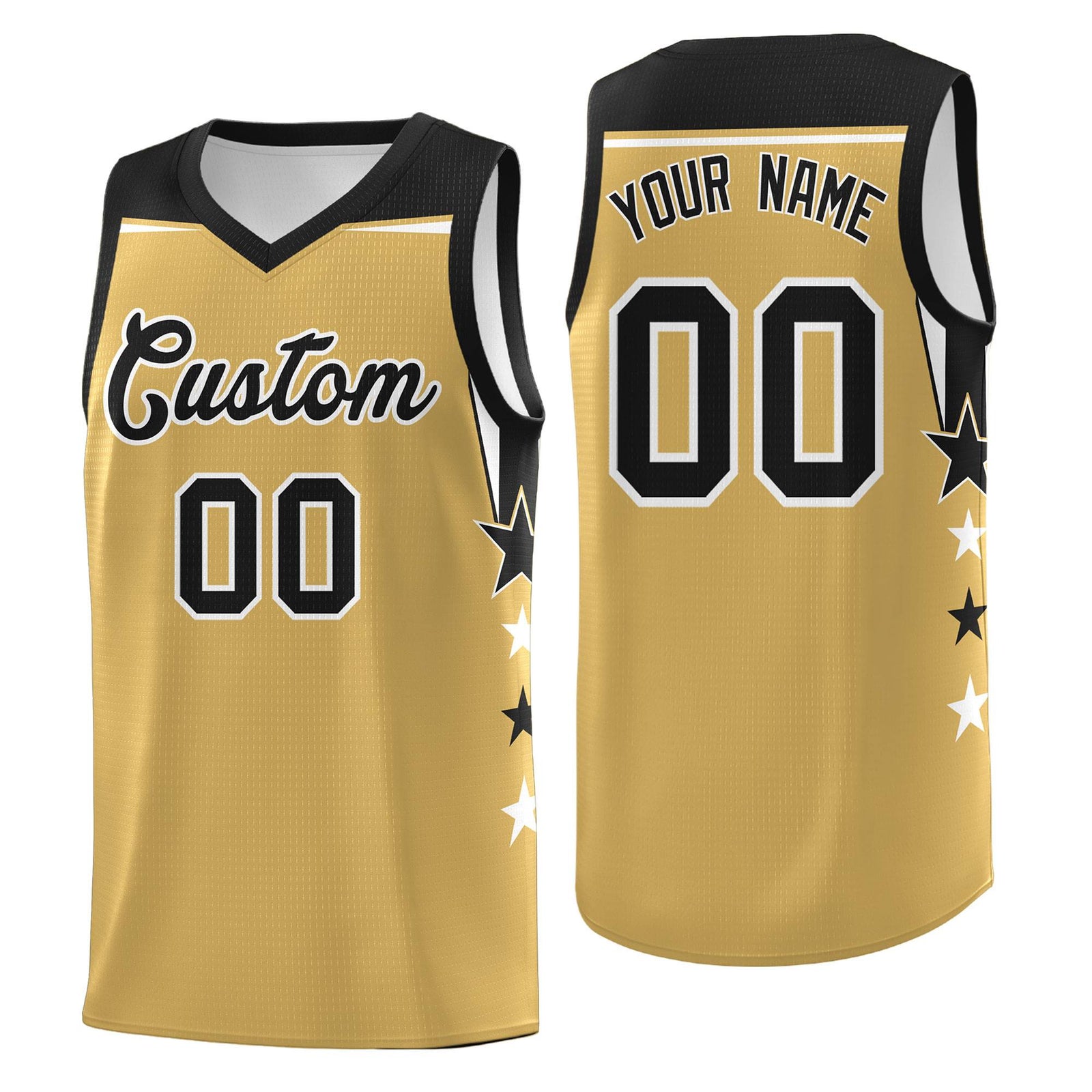Custom Youth Basketball Uniform Old Gold Black Two Tone Side Star Color Block Team Jersey