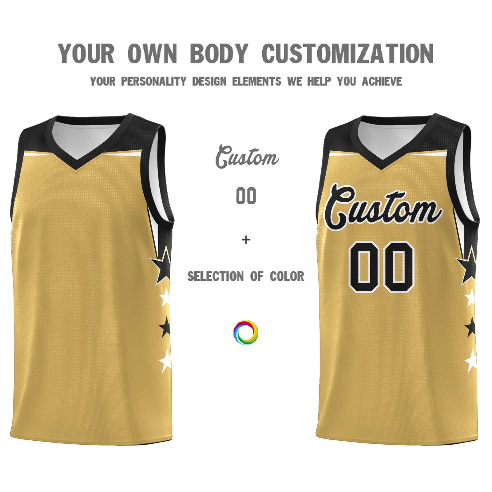 Custom Youth Basketball Uniform Old Gold Black Two Tone Side Star Color Block Team Jersey
