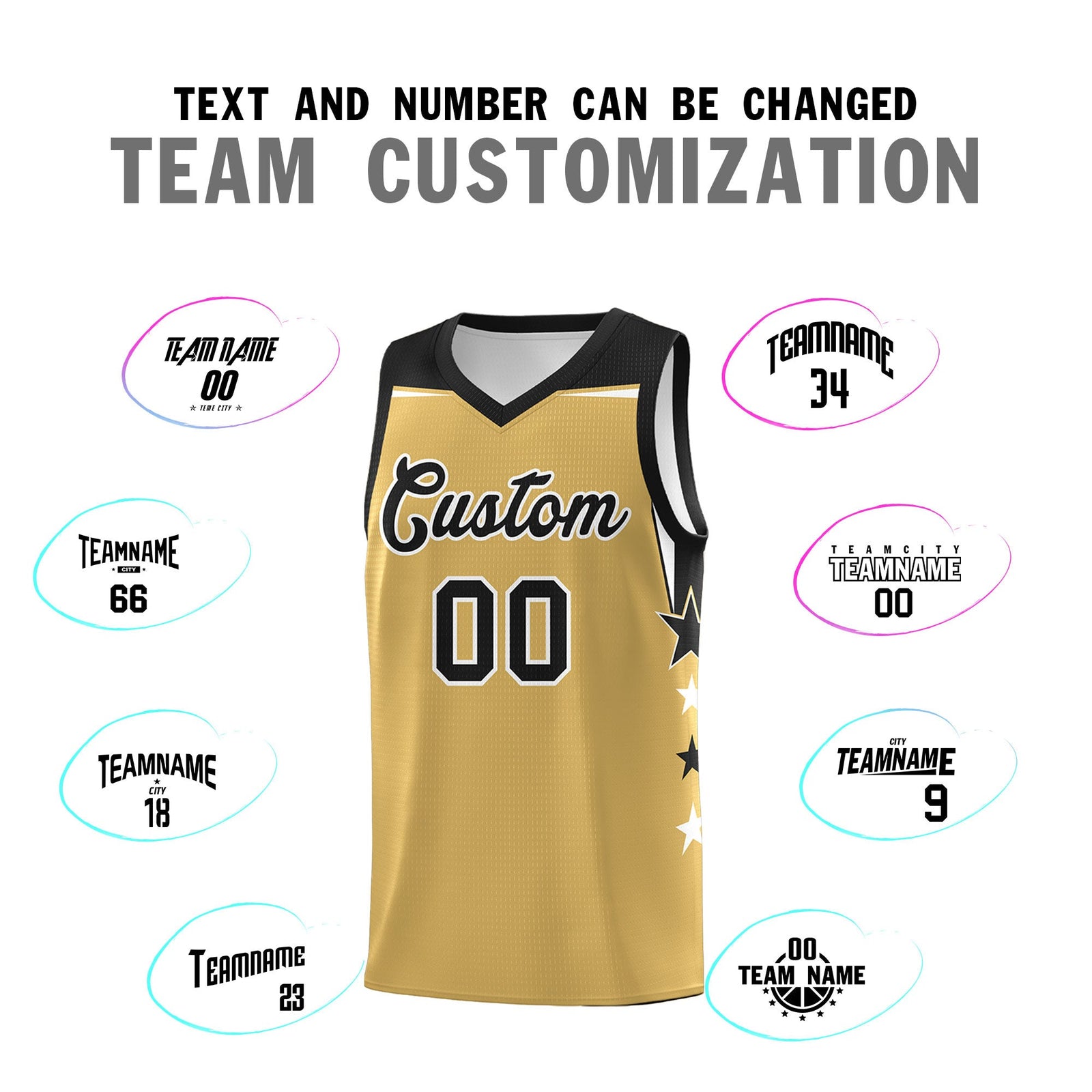 Custom Youth Basketball Uniform Old Gold Black Two Tone Side Star Color Block Team Jersey