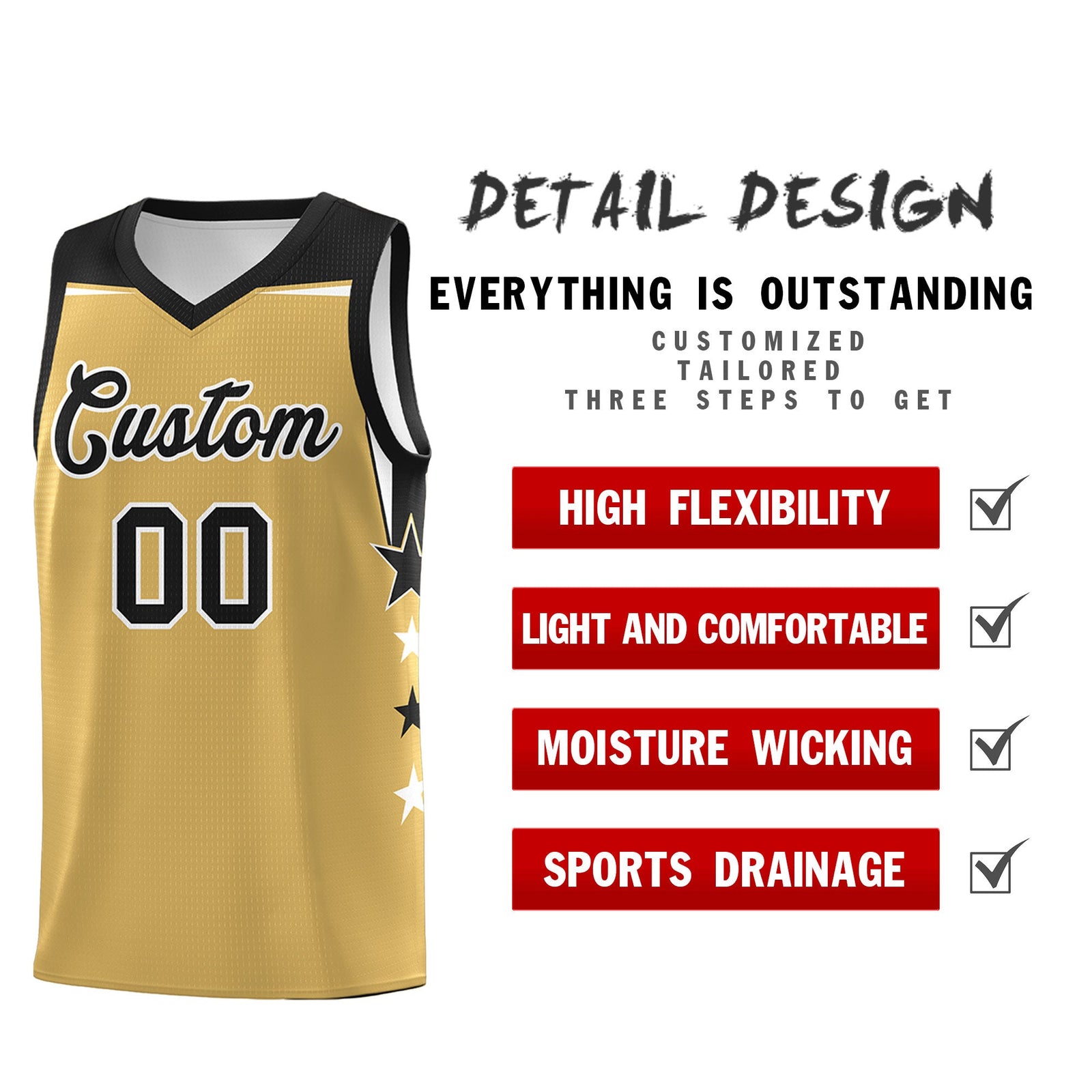 Custom Youth Basketball Uniform Old Gold Black Two Tone Side Star Color Block Team Jersey