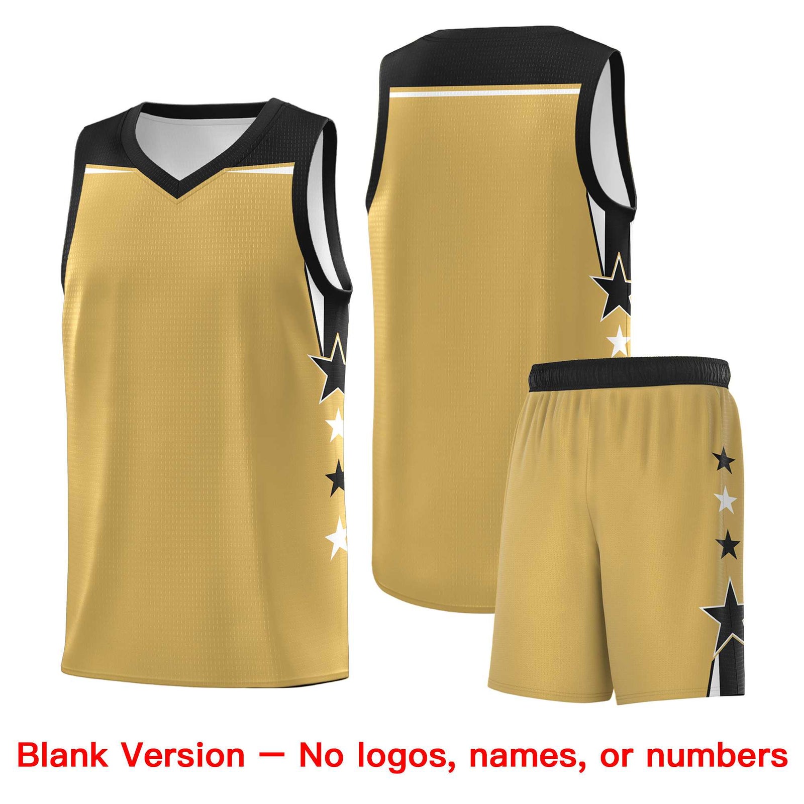 Custom Youth Basketball Uniform Old Gold Black Two Tone Side Star Color Block Team Jersey