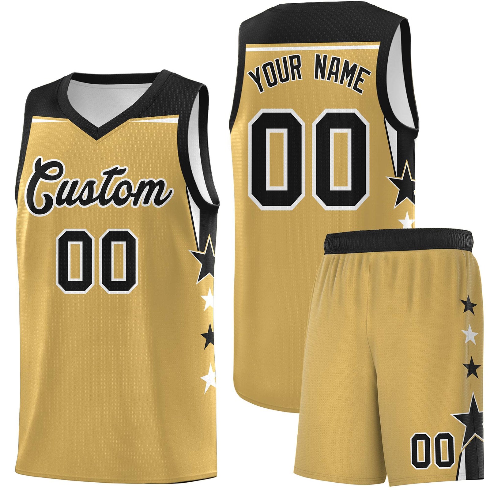 Custom Youth Basketball Uniform Old Gold Black Two Tone Side Star Color Block Team Jersey