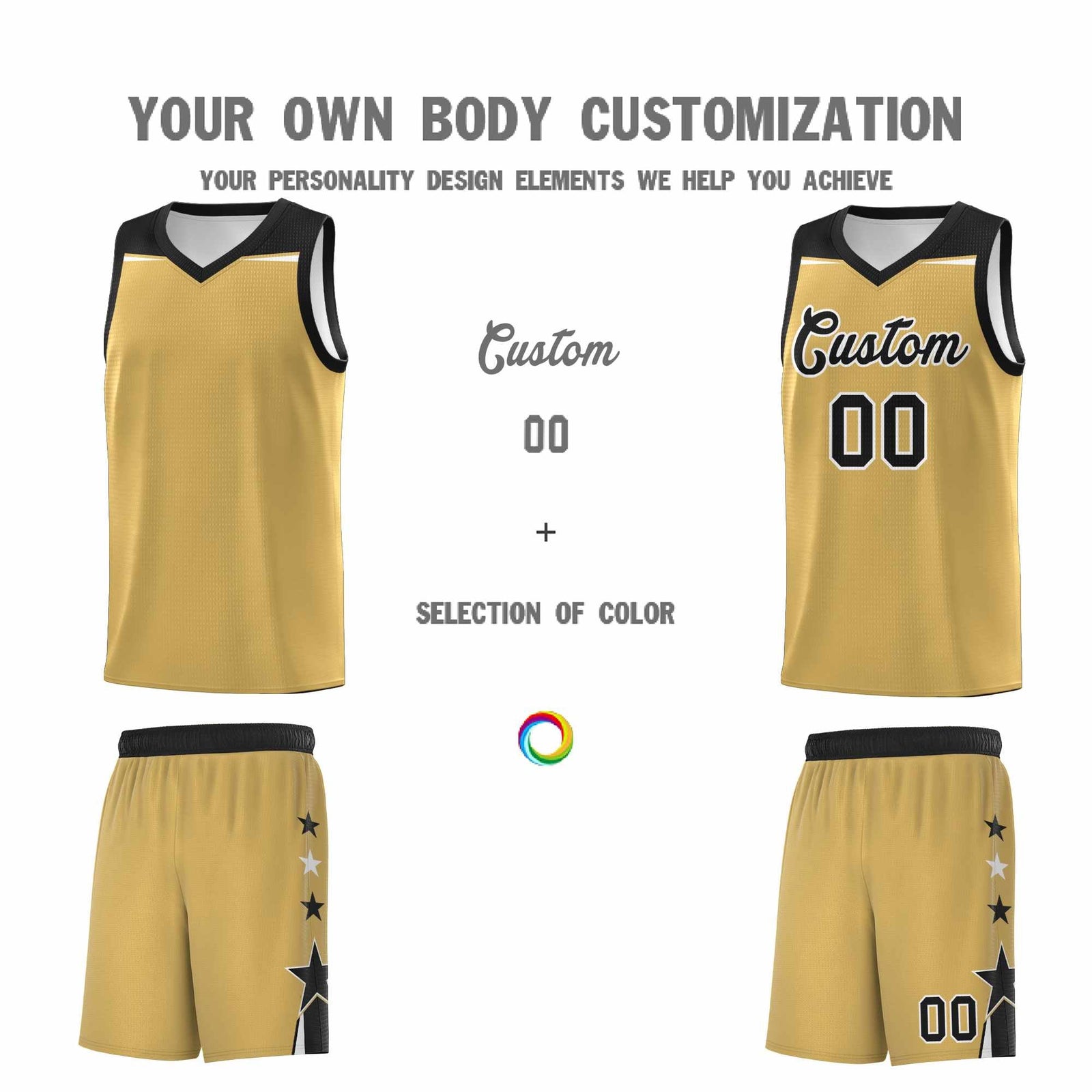Custom Youth Basketball Uniform Old Gold Black Two Tone Side Star Color Block Team Jersey