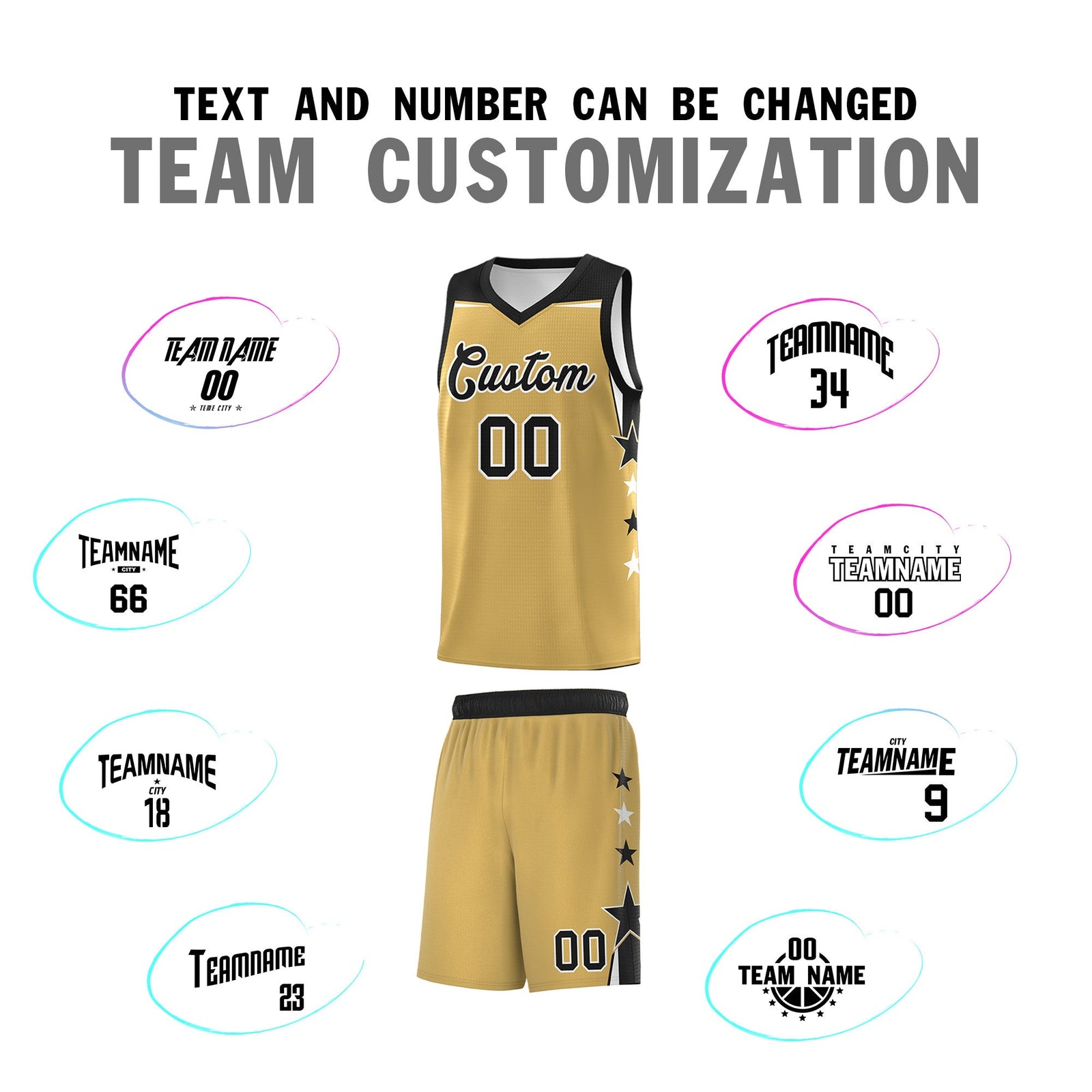 Custom Youth Basketball Uniform Old Gold Black Two Tone Side Star Color Block Team Jersey