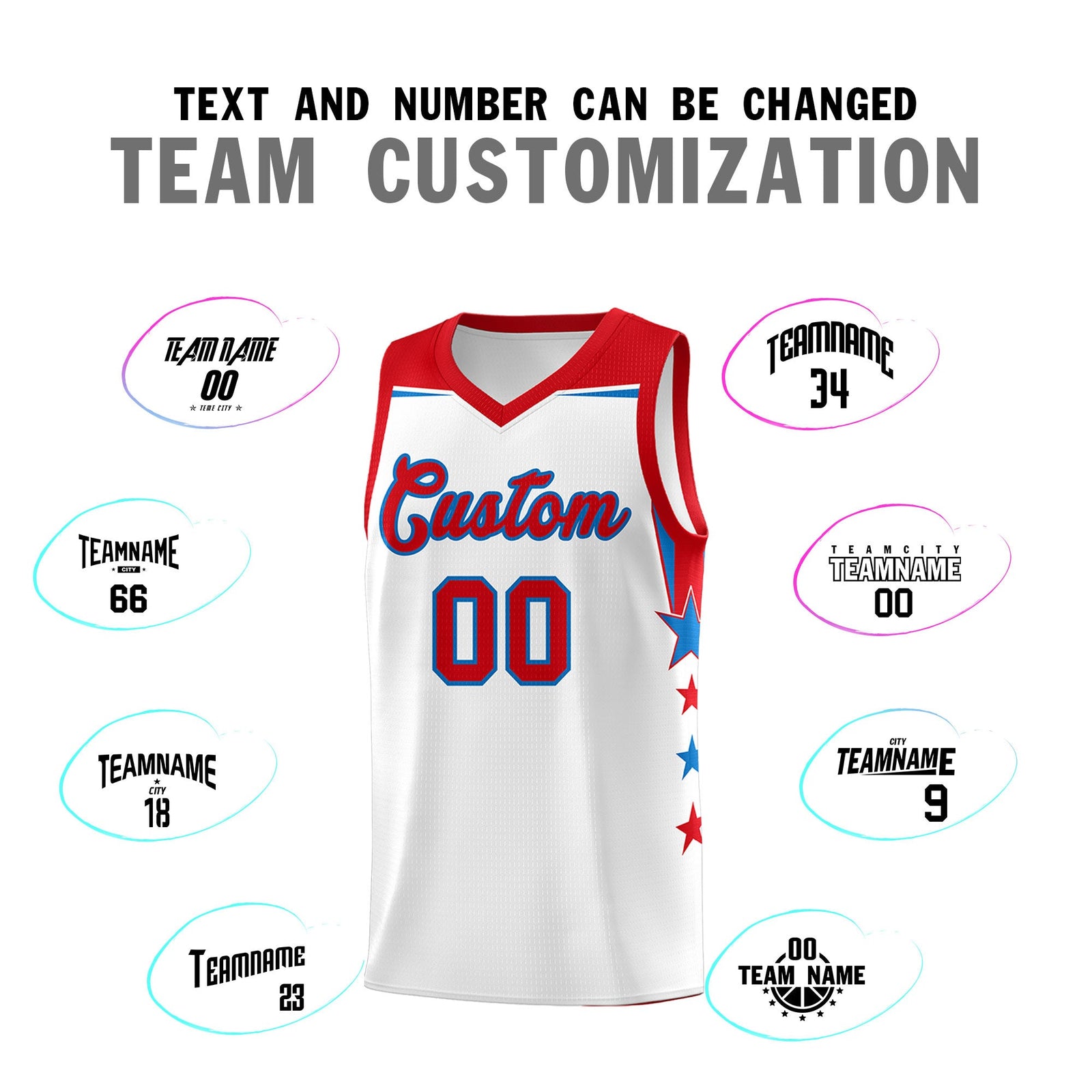 Custom Youth Basketball Uniform White Red Two Tone Side Star Add Name Number & Logo