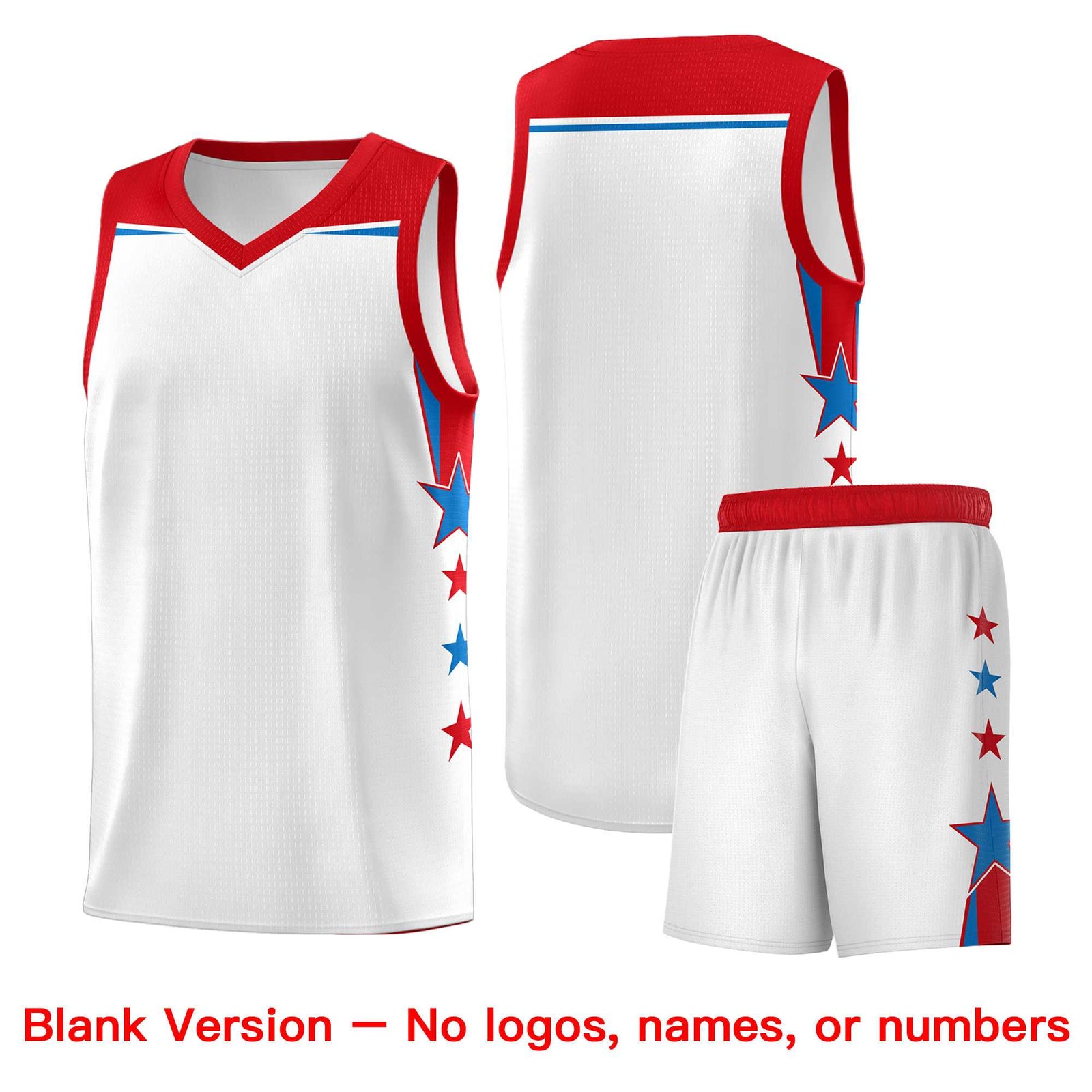 Custom Youth Basketball Uniform White Red Two Tone Side Star Add Name Number & Logo