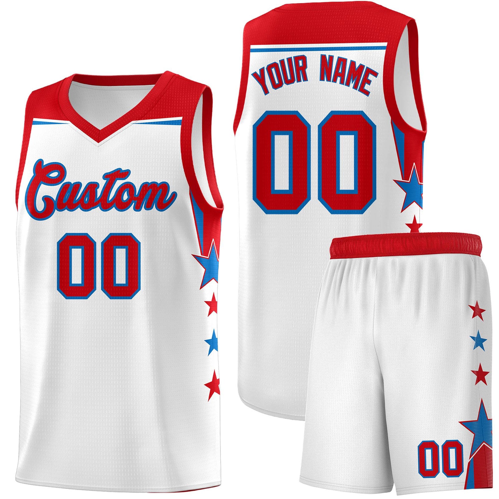 Custom Youth Basketball Uniform White Red Two Tone Side Star Add Name Number & Logo