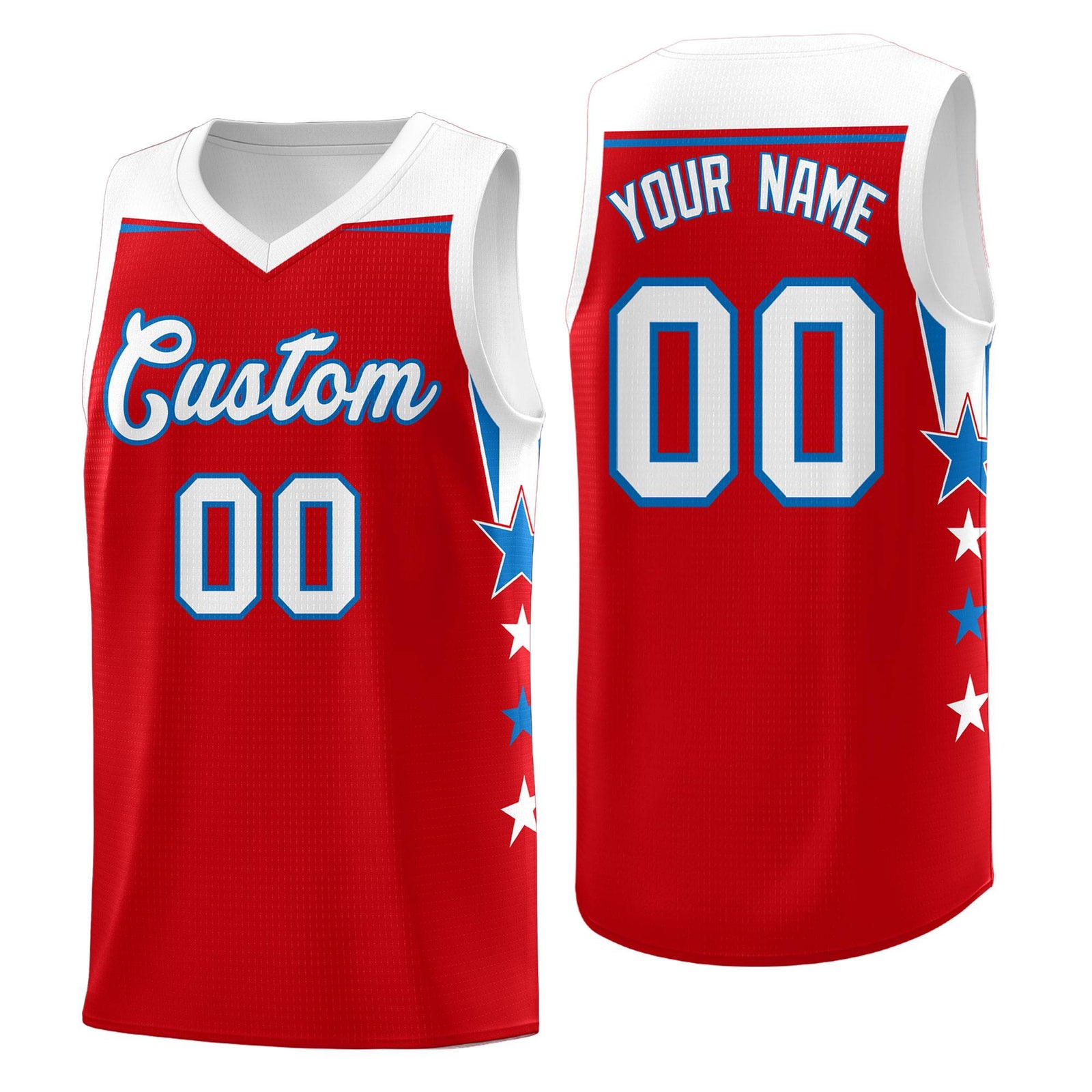 Custom Youth Basketball Uniform Red White Two Tone Side Star Personalized Team Jersey