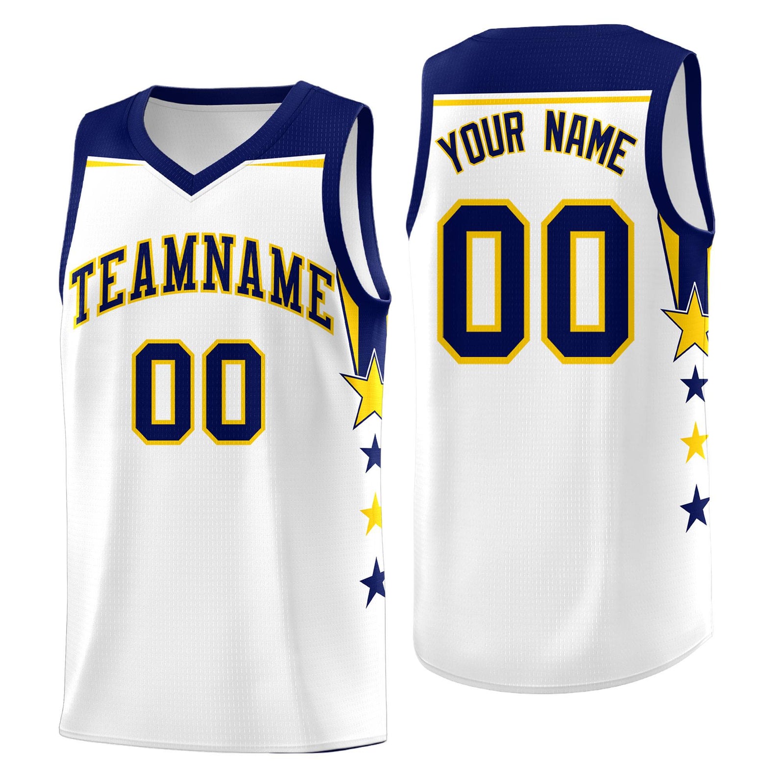 Custom Youth Basketball Uniform White Navy Two Tone Side Star Personalized Team Jersey