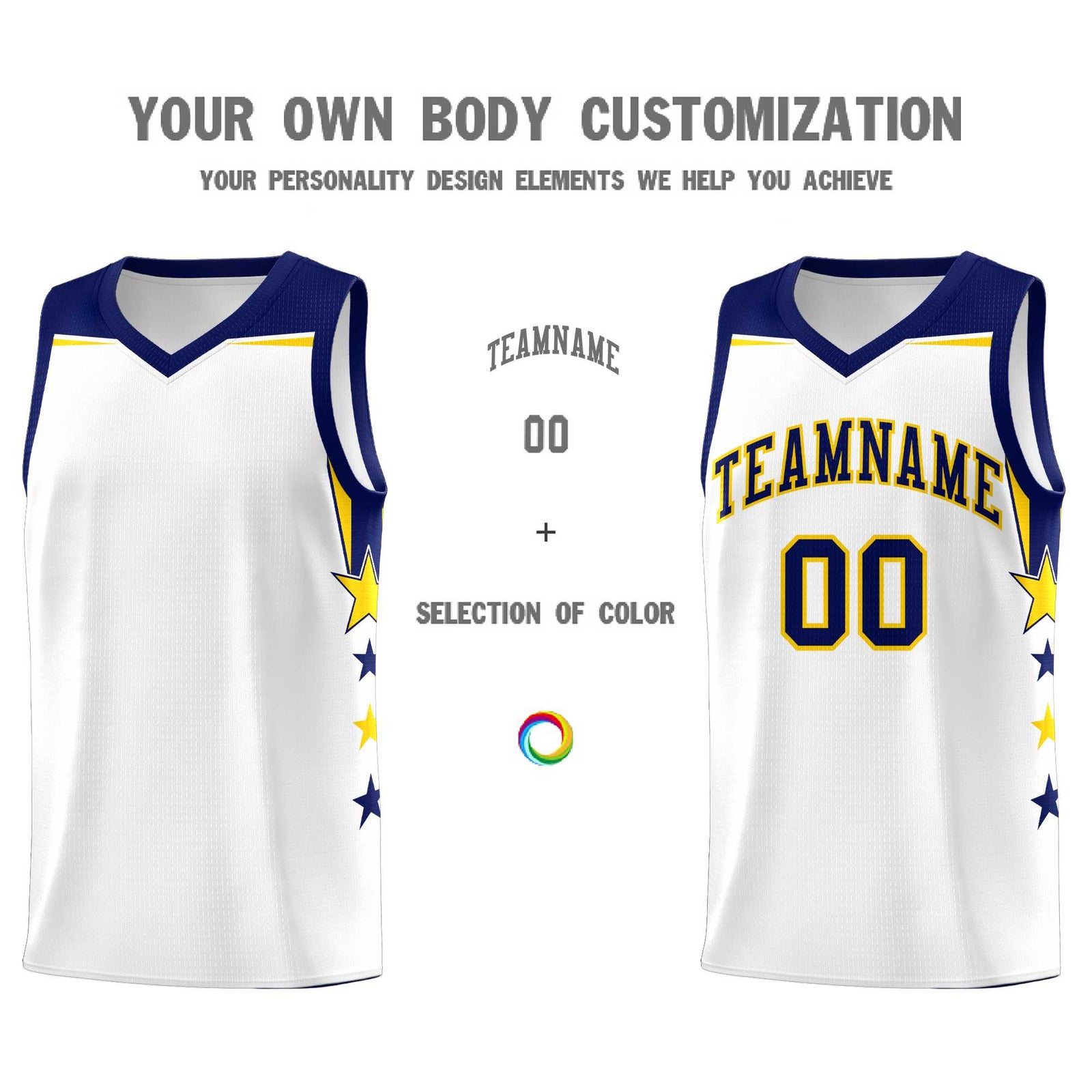 Custom Youth Basketball Uniform White Navy Two Tone Side Star Personalized Team Jersey