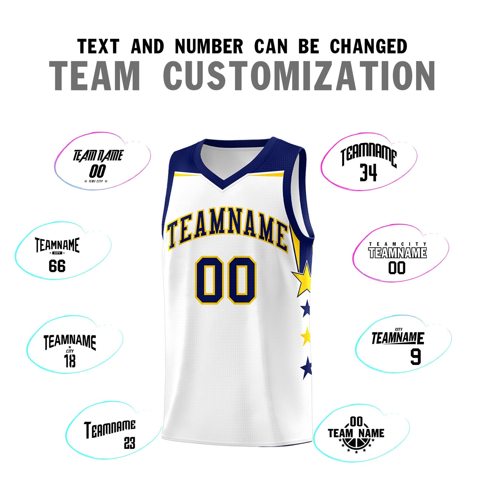 Custom Youth Basketball Uniform White Navy Two Tone Side Star Personalized Team Jersey