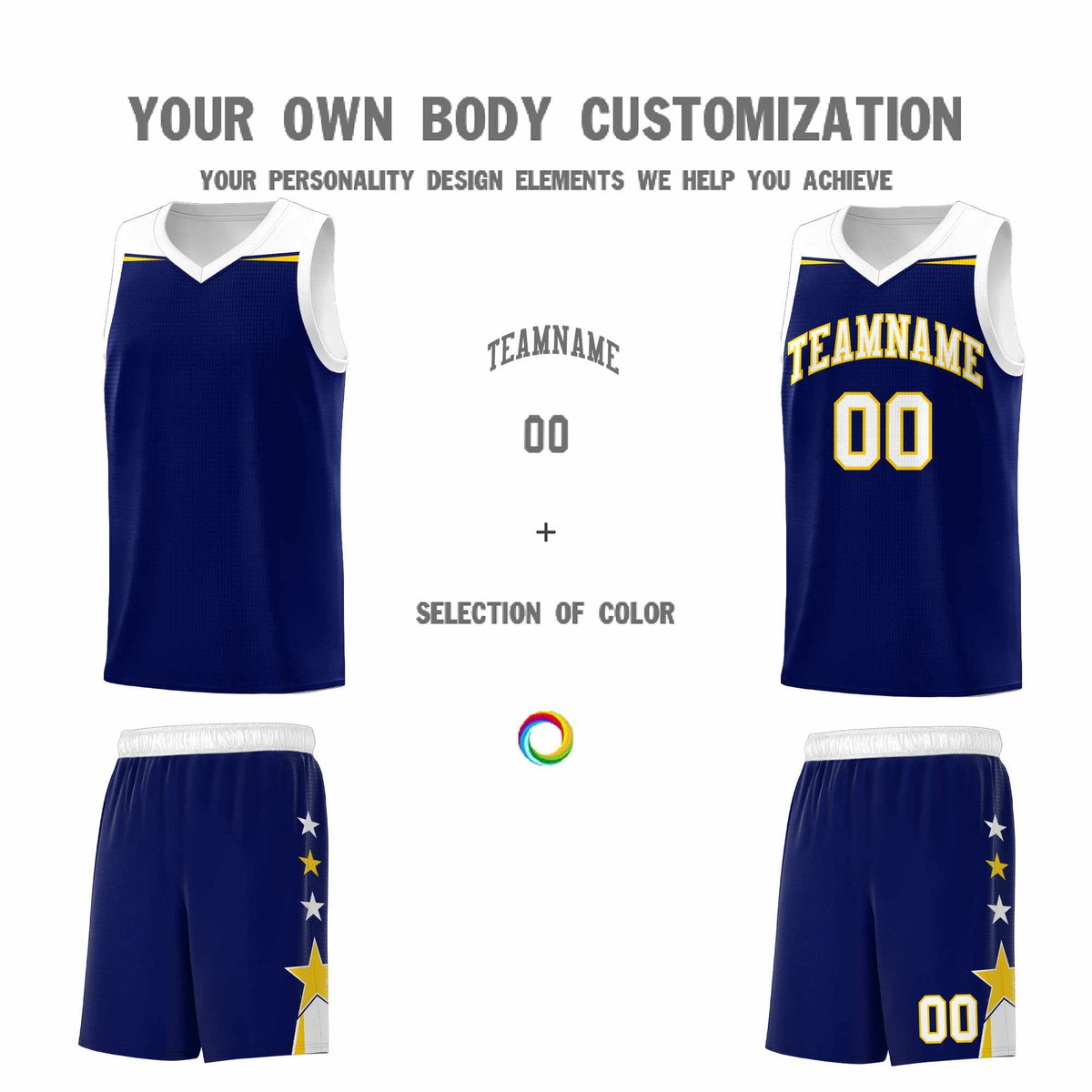 Custom Youth Basketball Uniform Navy White Two Tone Side Star Add Name Number &amp; Logo