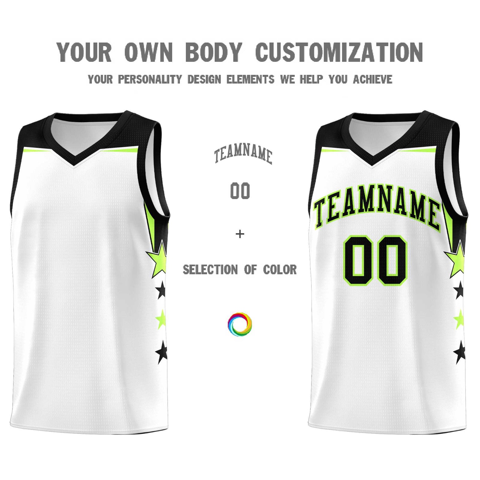 Custom Youth Basketball Uniform White Black Two Tone Side Star Add Name Number & Logo