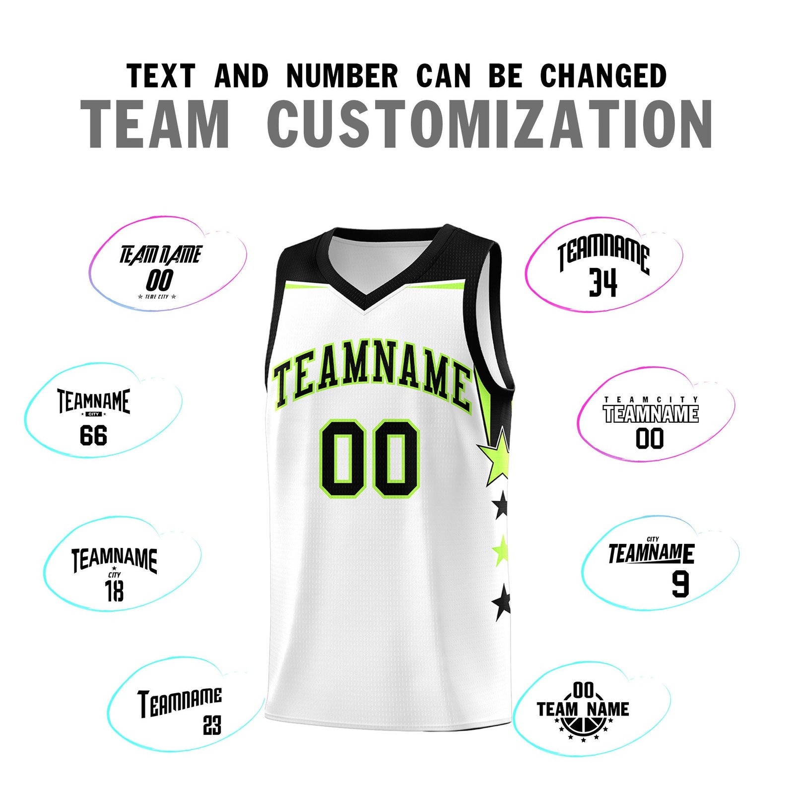Custom Youth Basketball Uniform White Black Two Tone Side Star Add Name Number & Logo