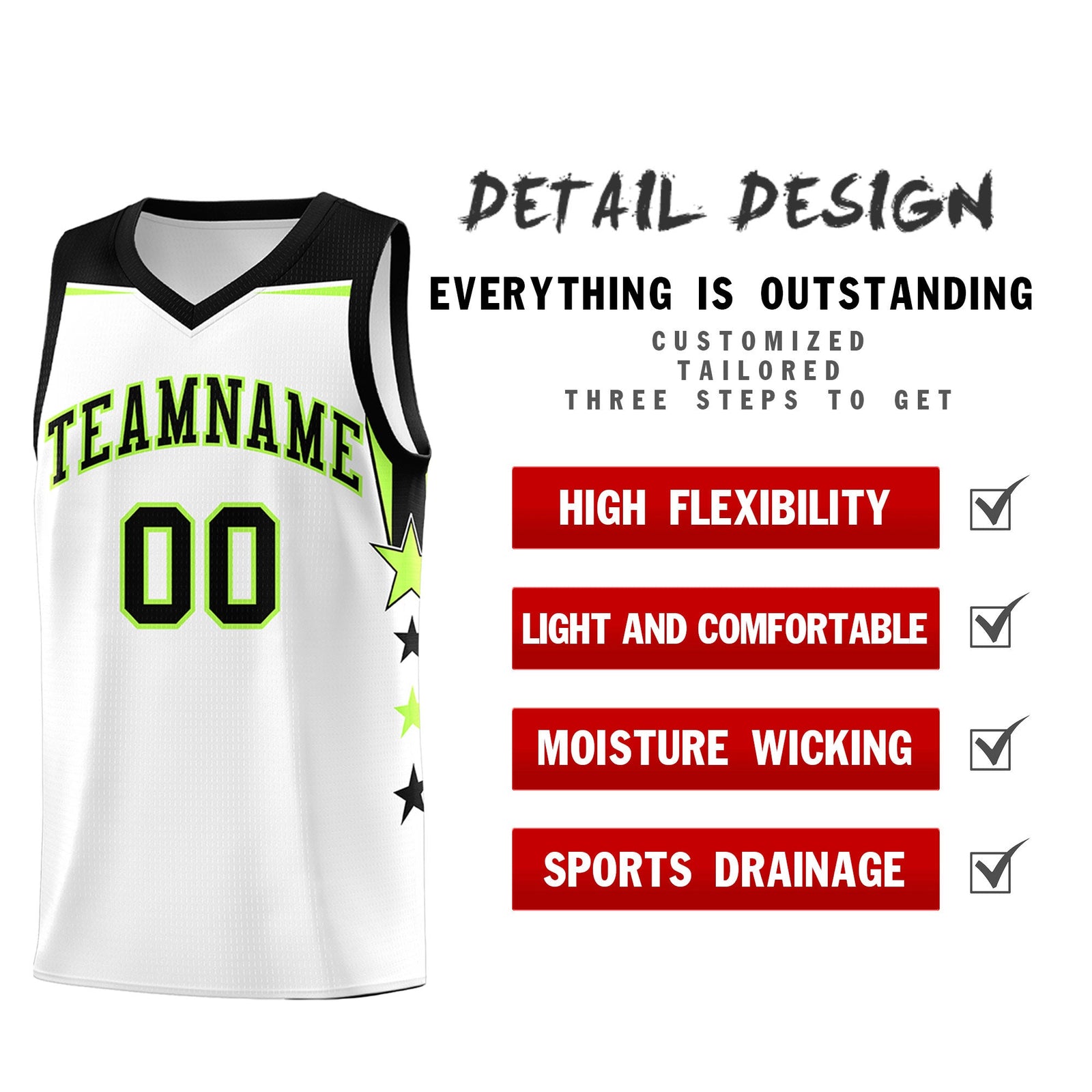 Custom Youth Basketball Uniform White Black Two Tone Side Star Add Name Number & Logo