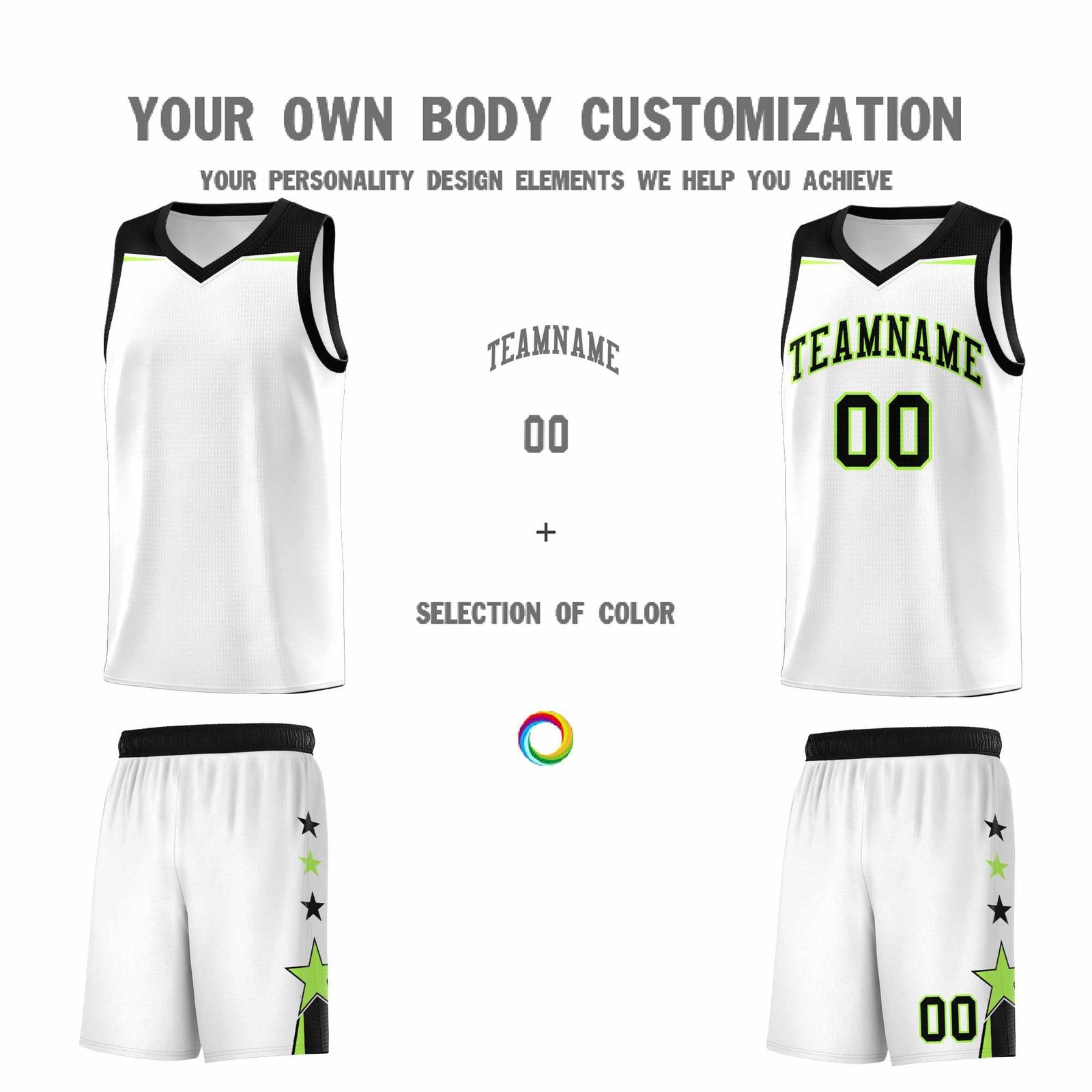 Custom Youth Basketball Uniform White Black Two Tone Side Star Add Name Number & Logo