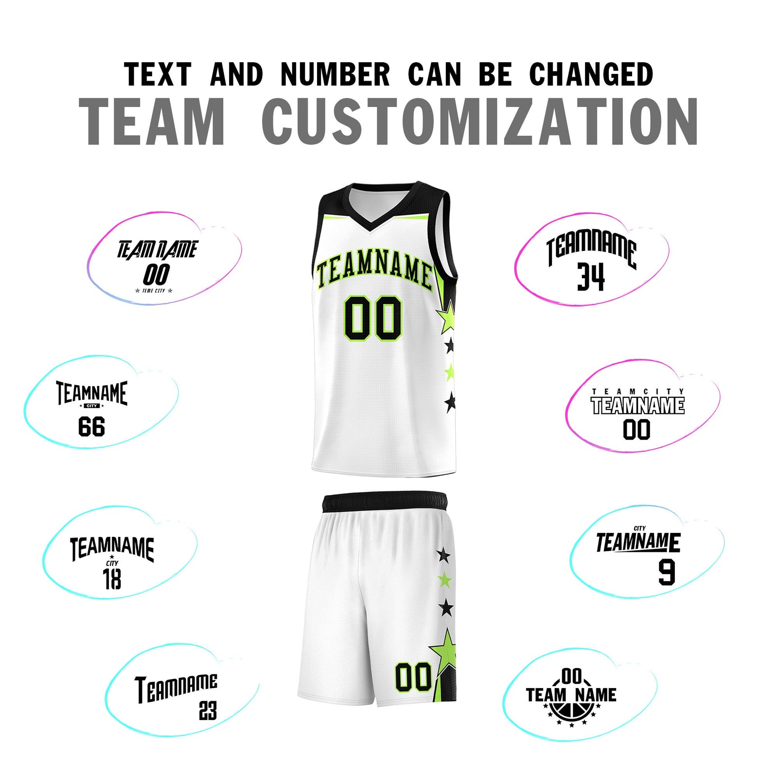 Custom Youth Basketball Uniform White Black Two Tone Side Star Add Name Number & Logo